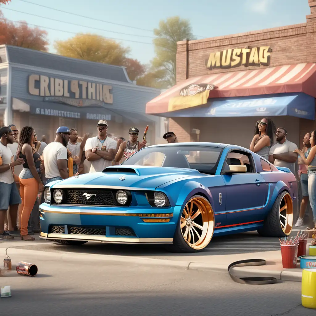 Create mustang car with 24 inch rims, smoking tires, african american street party setting, sideview
