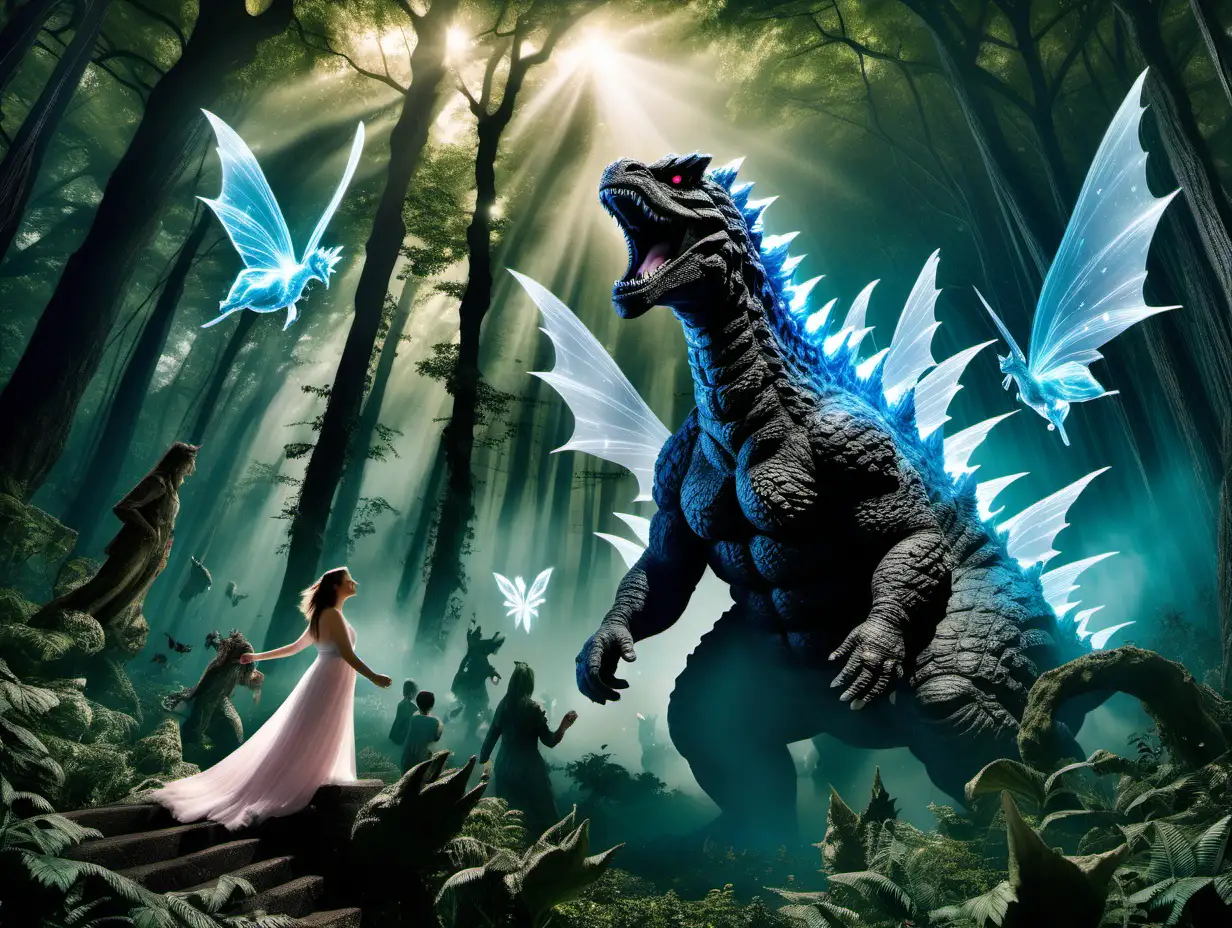 woman riding Godzilla in the enchanted forest surrounded by faires