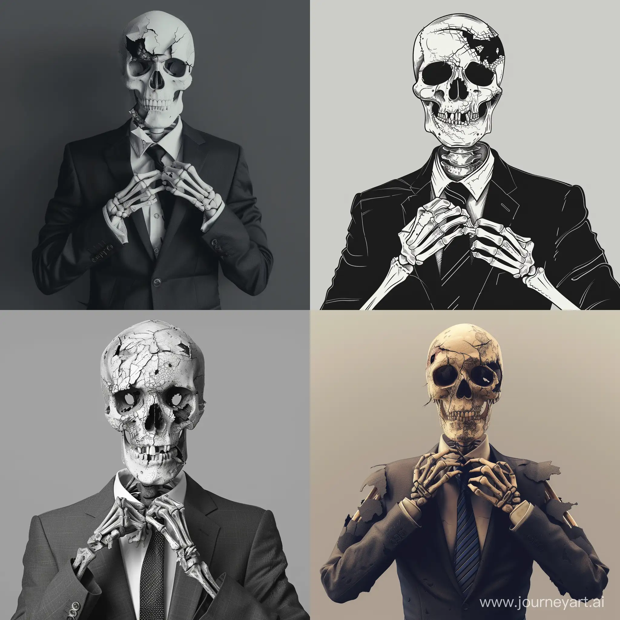 Скелет с ободранной кожей, в деловом костюме поправляет свой галстук, стильное изображение