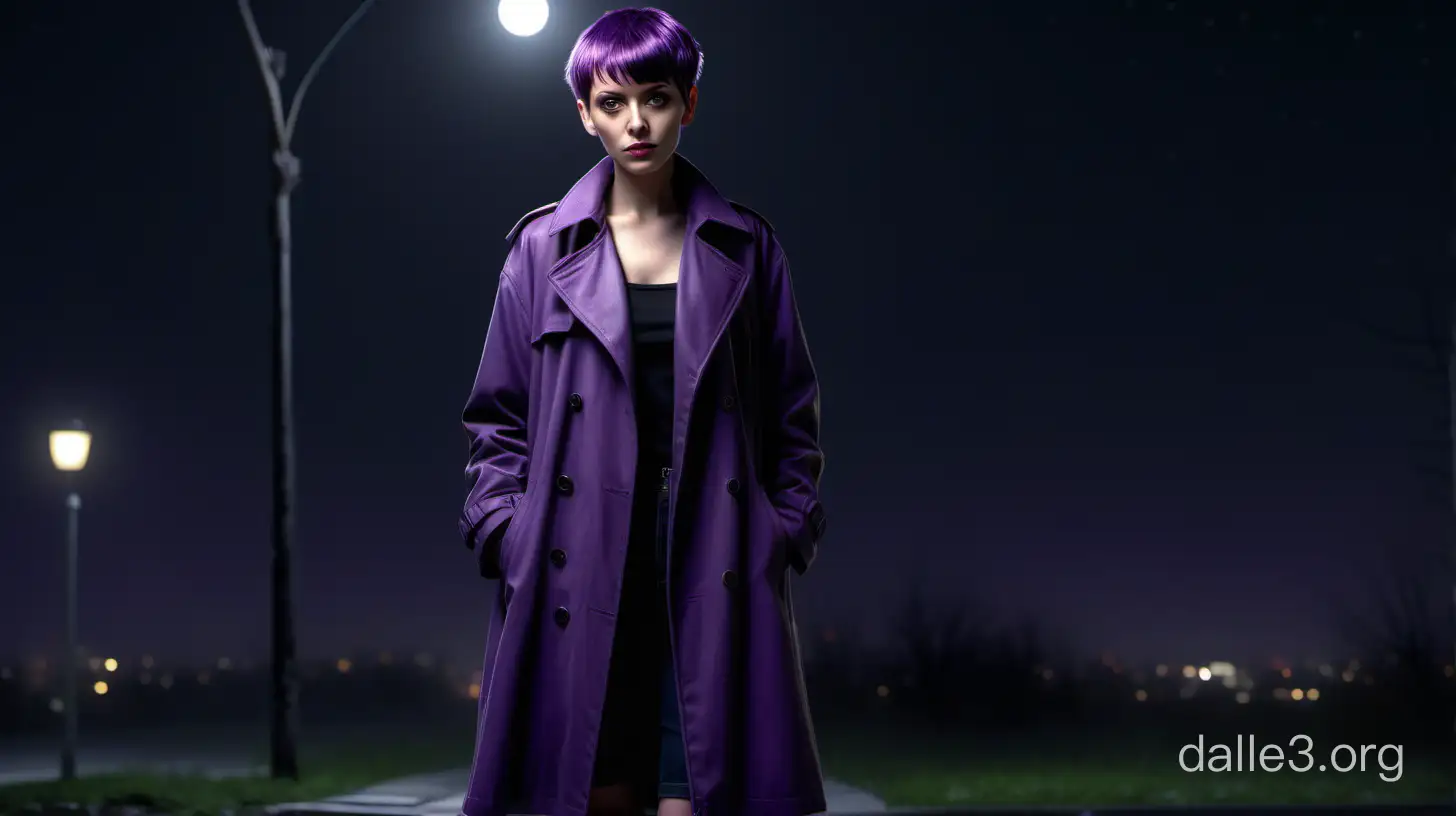 photorealistic hyperrealistic full length girl with short purple hair in the trenchcoat standing at the night looking at viewer