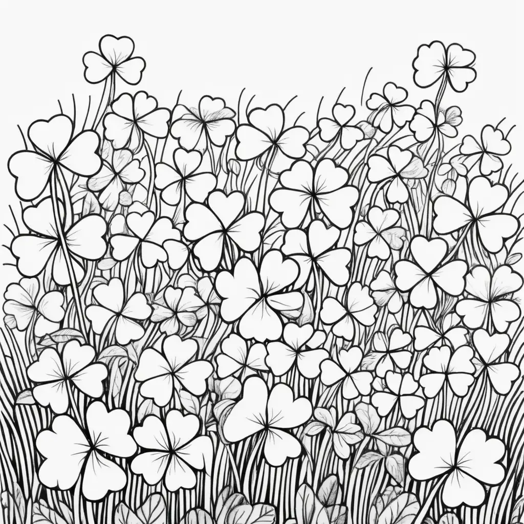 full page of clovers with one 4 leaf clover somewhere, coloring page, black and white