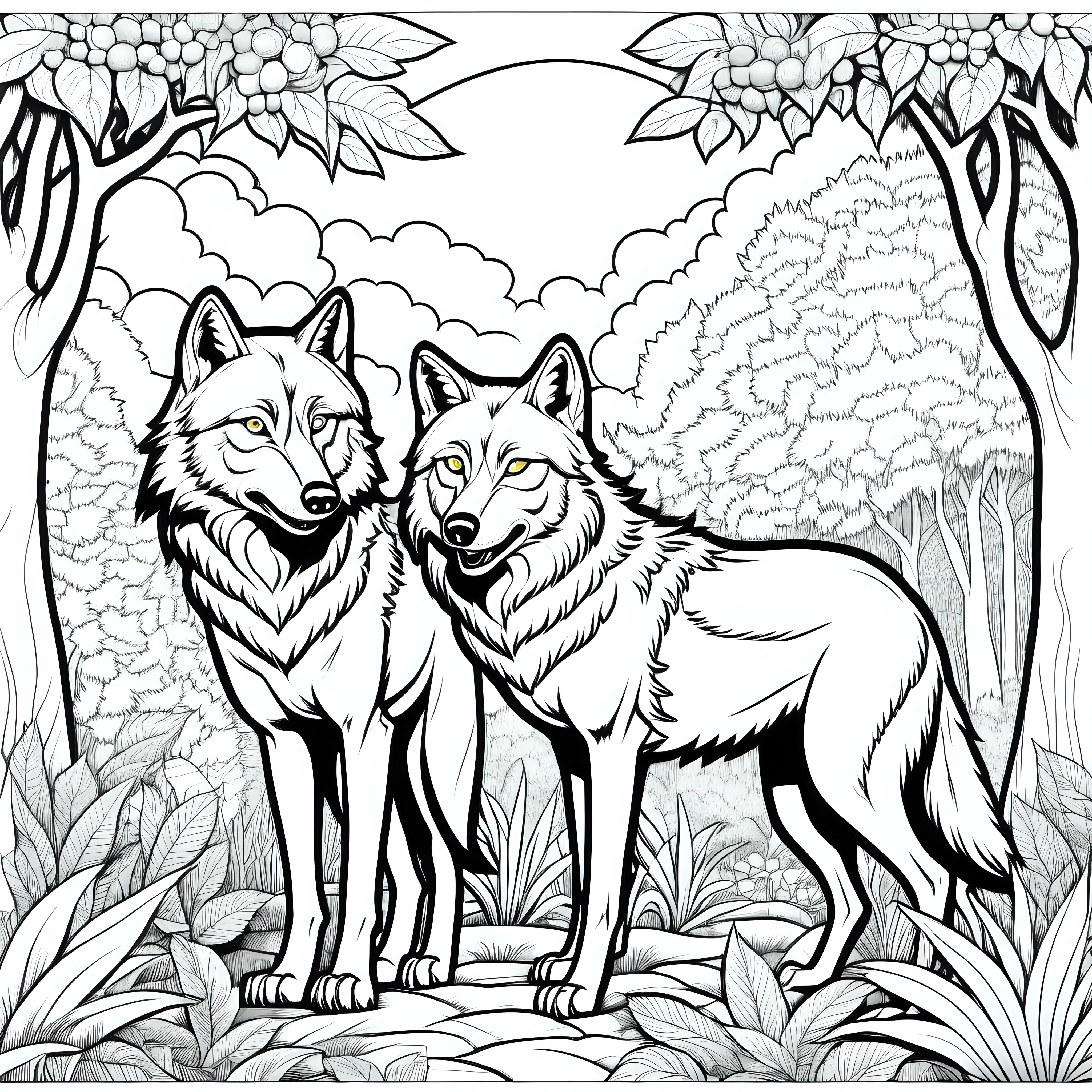 Coloring page for kids, Wolves in Garden of Eden, clean line art