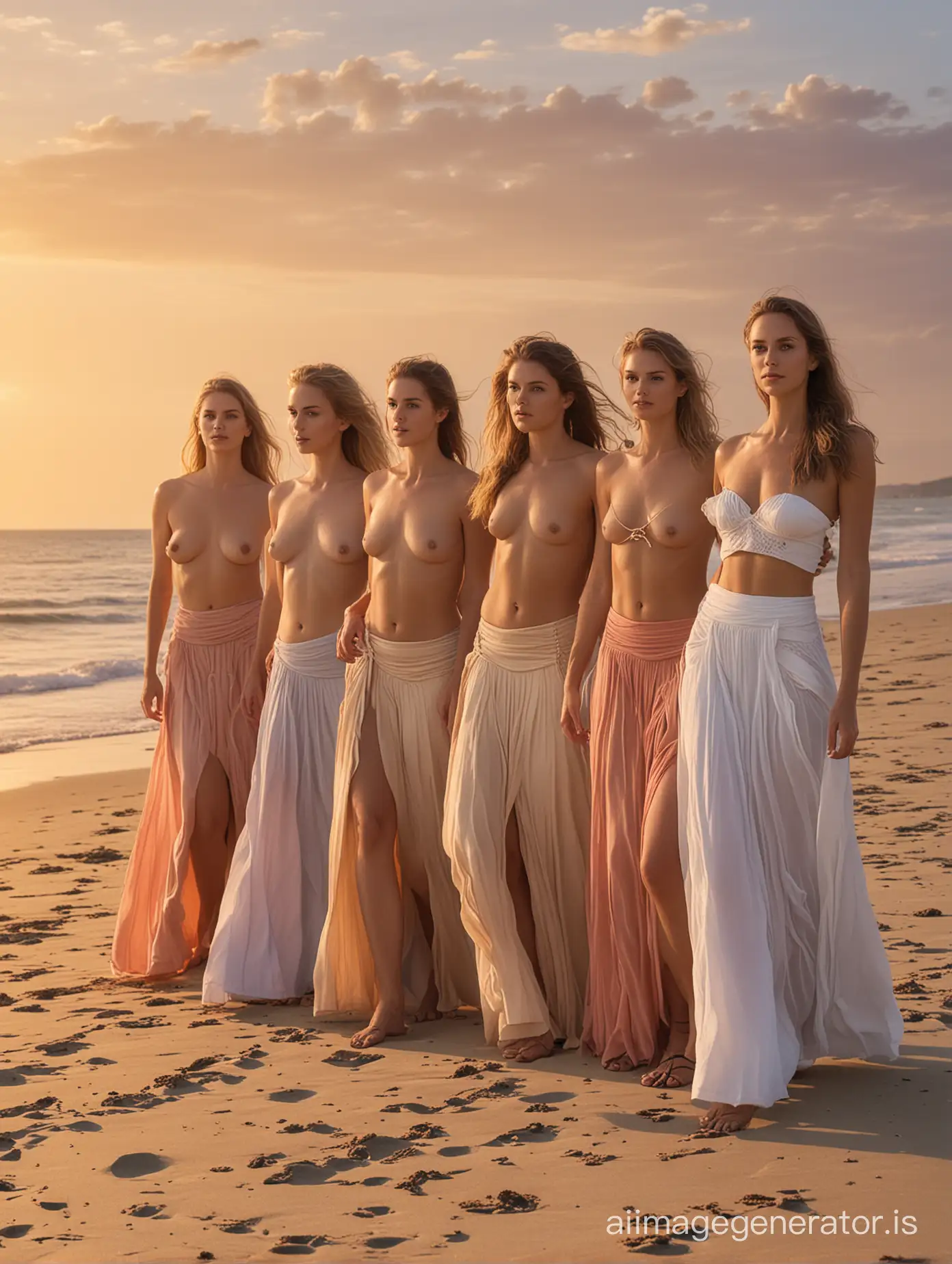 Sunset Beach Elegance Topless Women in Flowy Skirts | AI Image Generator