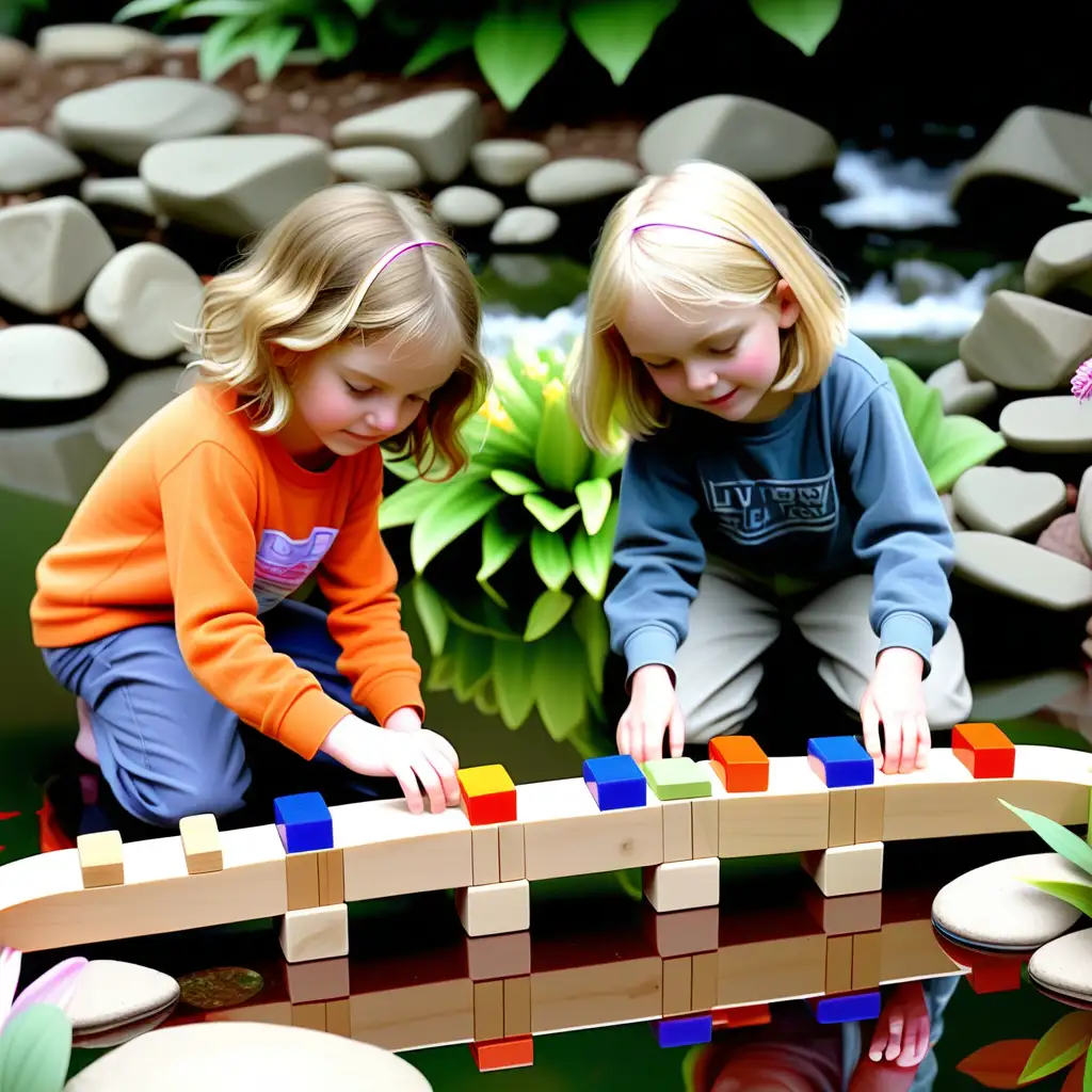 Lily and Ben constructing a bridge with blocks 

Lily and Ben are building a bridge using colorful blocks labeled  The bridge spans a small stream, and reflections of positive words shimmer in the water. Flowers bloom along the banks.