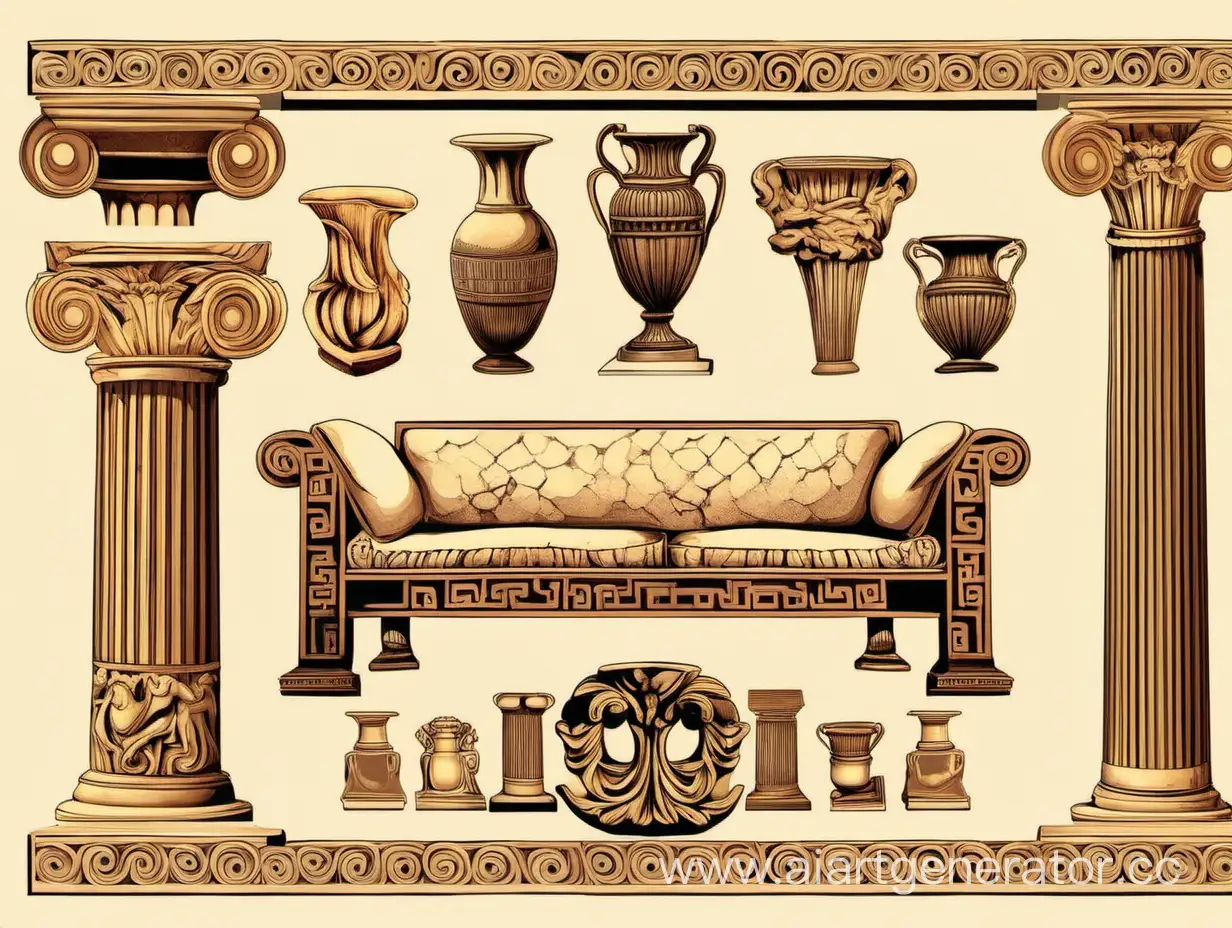 Карточка с предметами древней Греции, древнегреческие колонны 3 штуки, древнегреческий диван, древнегреческий стол, древнегреческий стул, кариатида, древнегреческий кувшин, древнегреческие статуи, оформление скрапбукинг, древнегреческий орнамент, меандр, в цвете