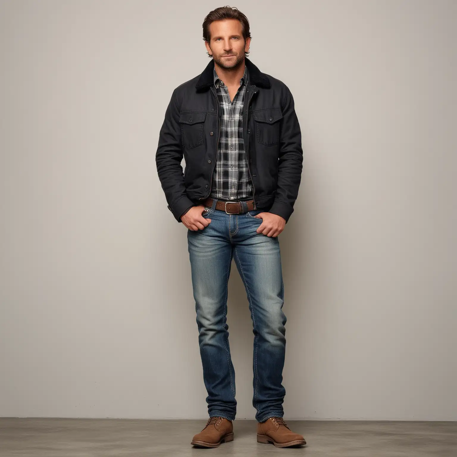 a man who looks like bradley cooper in black jacket and plaid shirt,  full- body image from side of him to lean back to white wall wearing jeans and boots, light grey background and has 
