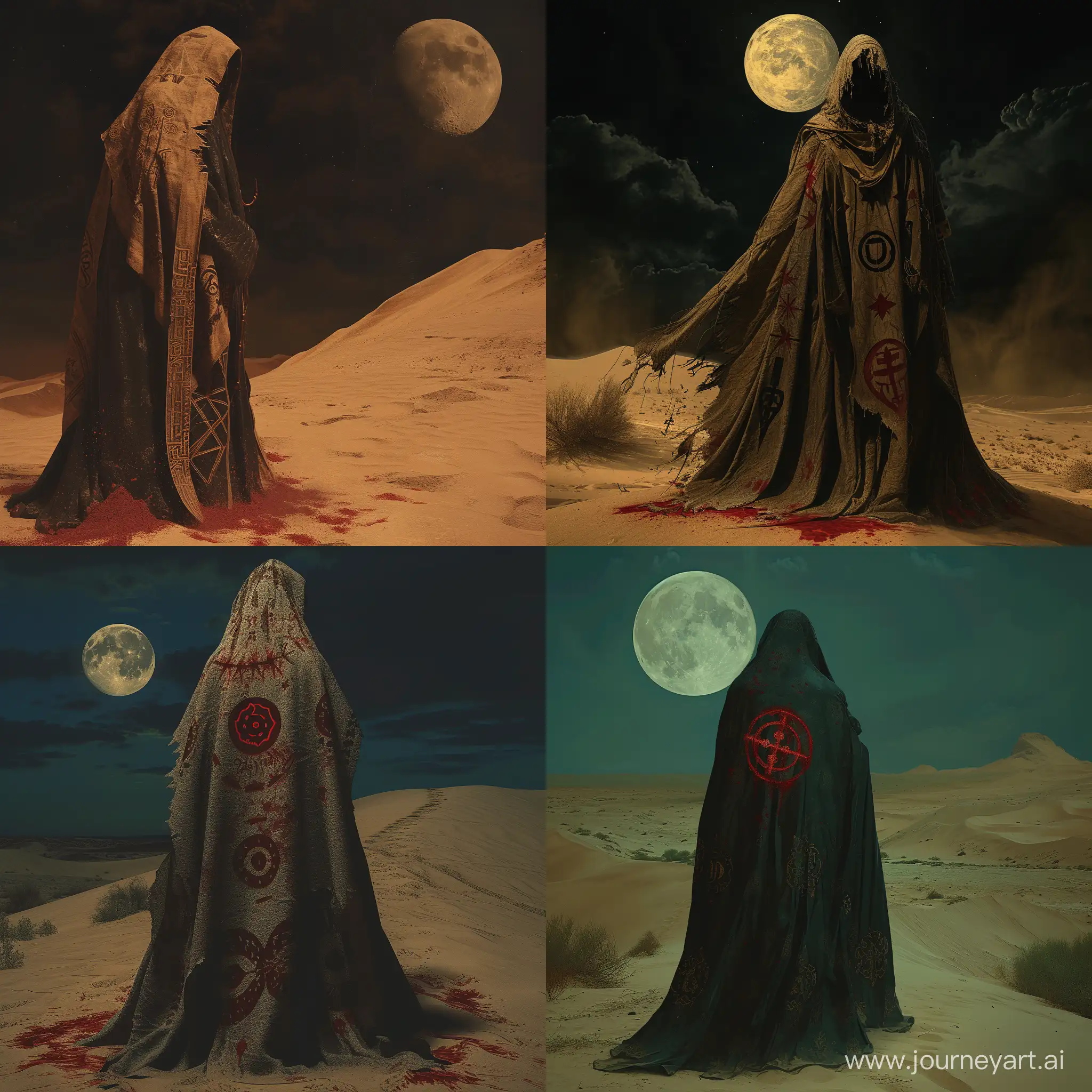 a dune Cursed mystic, Studies forbidden and malevolent desert prophecies, Robes adorned with blood-red sand symbols, night time full moon,  in a middle of a desert ,1970's dark fantasy style, gritty, dark, vintage, detailed