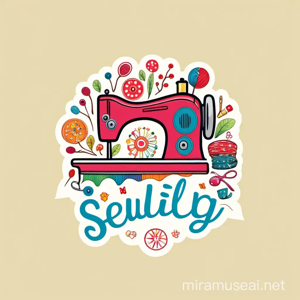 Cheerful and uplifting logo, incorporating sewing-themed illustrations and a burst of color