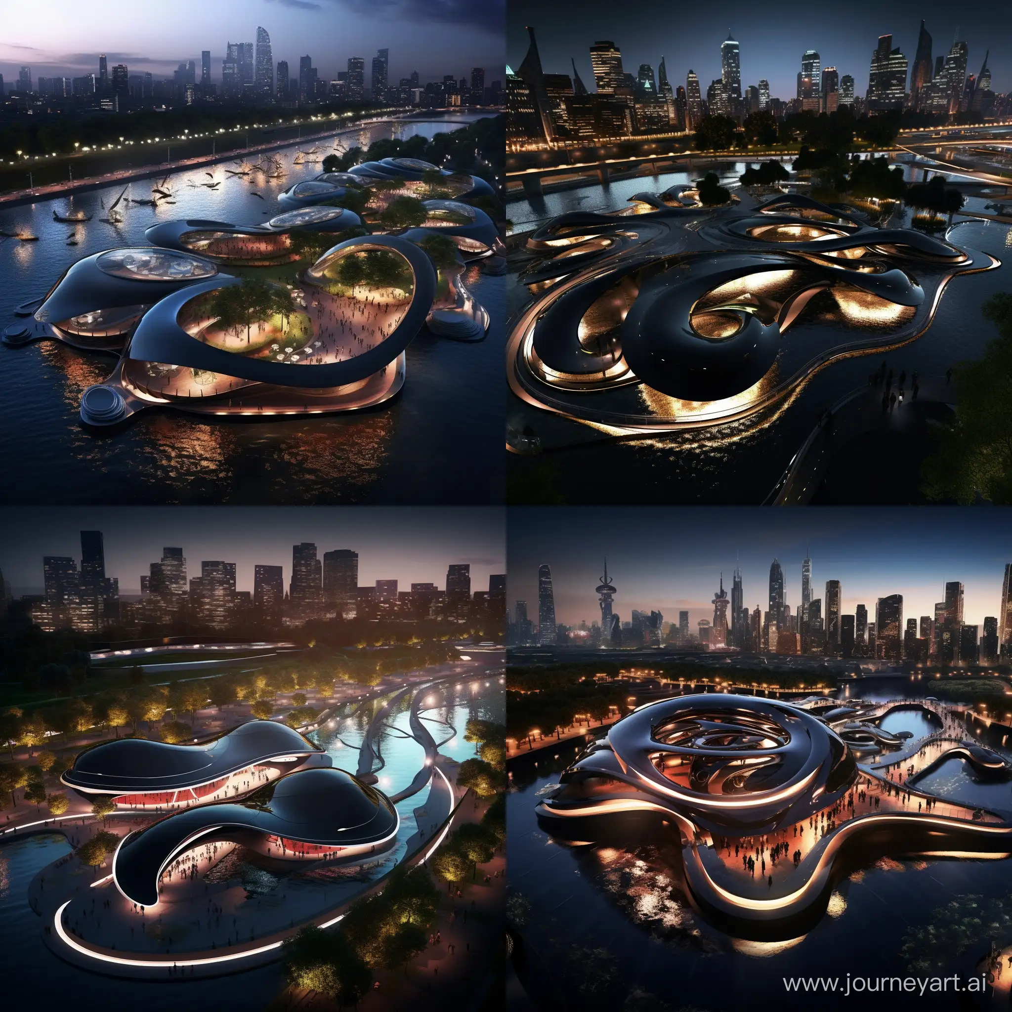 /imagine prompt: https://s.mj.run/dVakdShNkPY urban park on the water,aerial view, fluid and curved forms, black and metallic leather, sensation of movement, dynamism, carbon fiber, futuristic sensation,modern, integration of technology,modular design, set of LED lights, ergonomics, attractive, eye-Catching,abstract shapes,curved, sculptural, organic shapes in the style of the movie Blade Runner panorama 