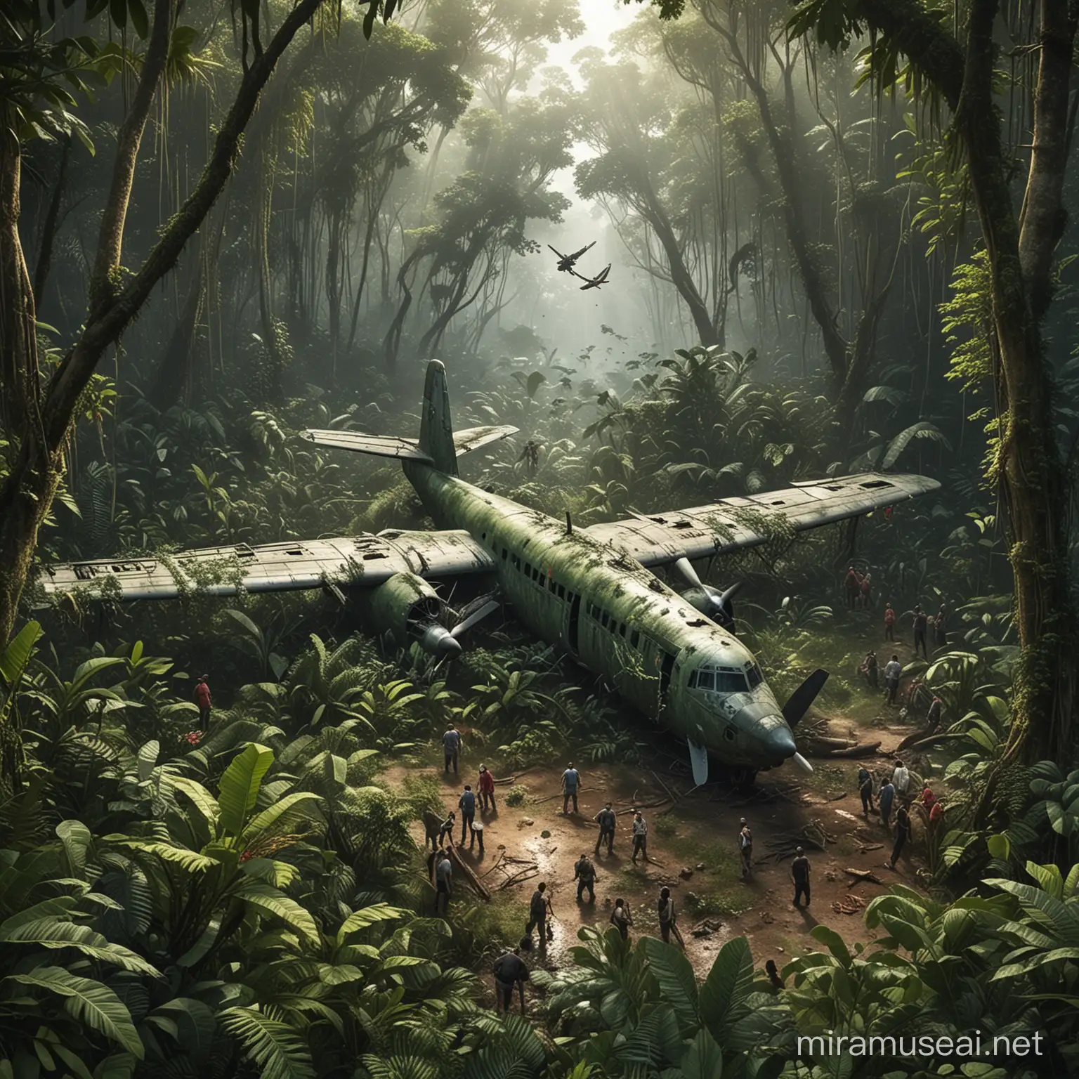 Survival Team Discussing Strategy around Crashed Plane in Jungle