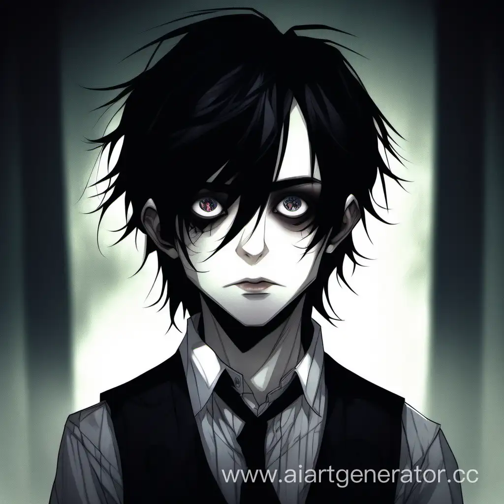 Portrait of a thin boy with pale skin, tousled black hair, black eyes, big eyes, shadows under his eyes, creepy appearance, he wears a shirt and a vest with buttons. He has big eyes. Detailed image. Gothic atmosphere