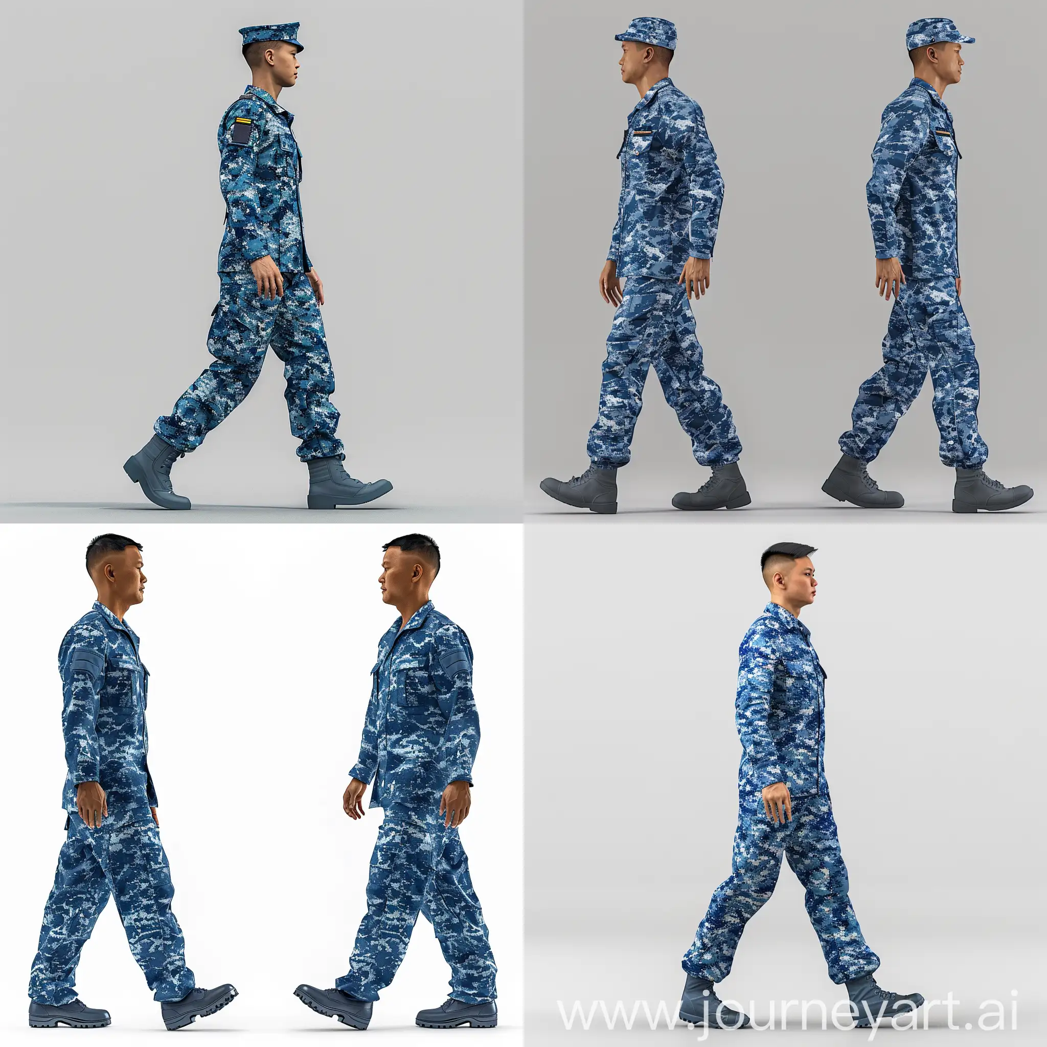 singapore asian airforce man in blue camouflage uniform, walking left to right, full body image head to toe, ultra detailed, photo realistic, side view