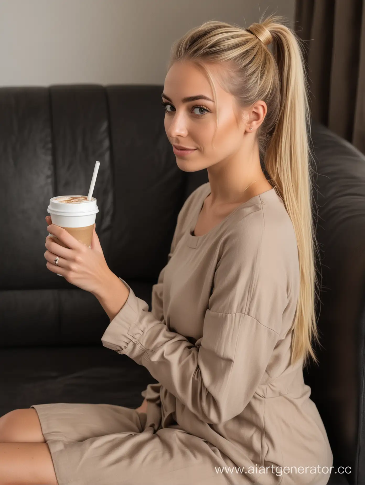 Blonde-Woman-Enjoying-Cappuccino-on-Black-Couch