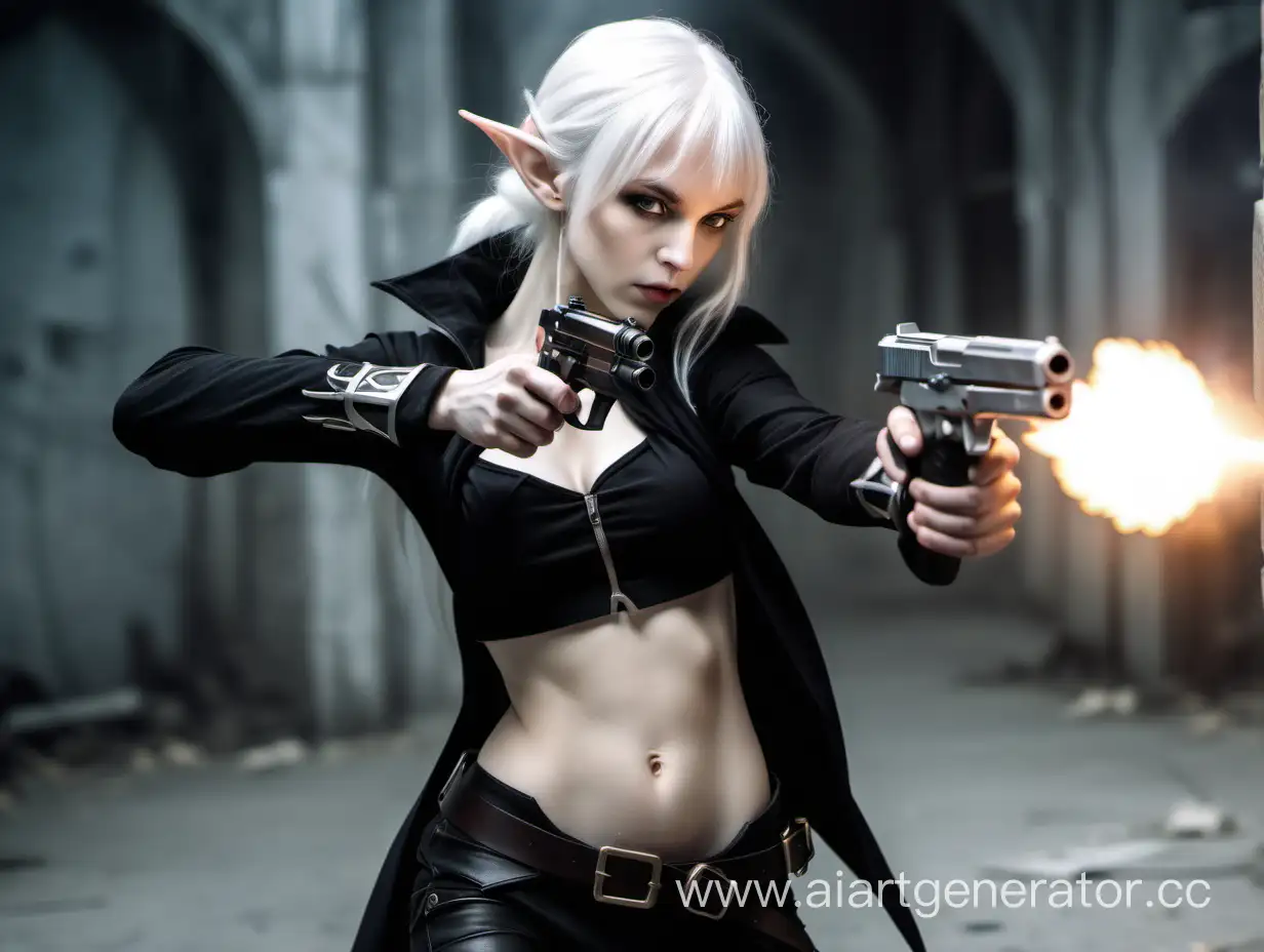 A very thin young pale white-haired elf girl with abs wearing black clothes firing a gun.