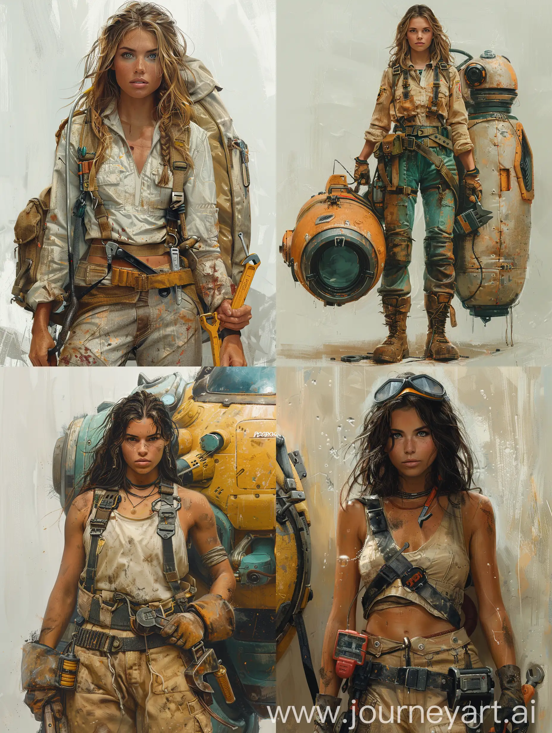 Polaris rpg female engineer, tall and muscular, wearing dirty overalls and a belt with tools, holding wrench, repairing a big aqualung suit --style raw --stylize 750 --v 6