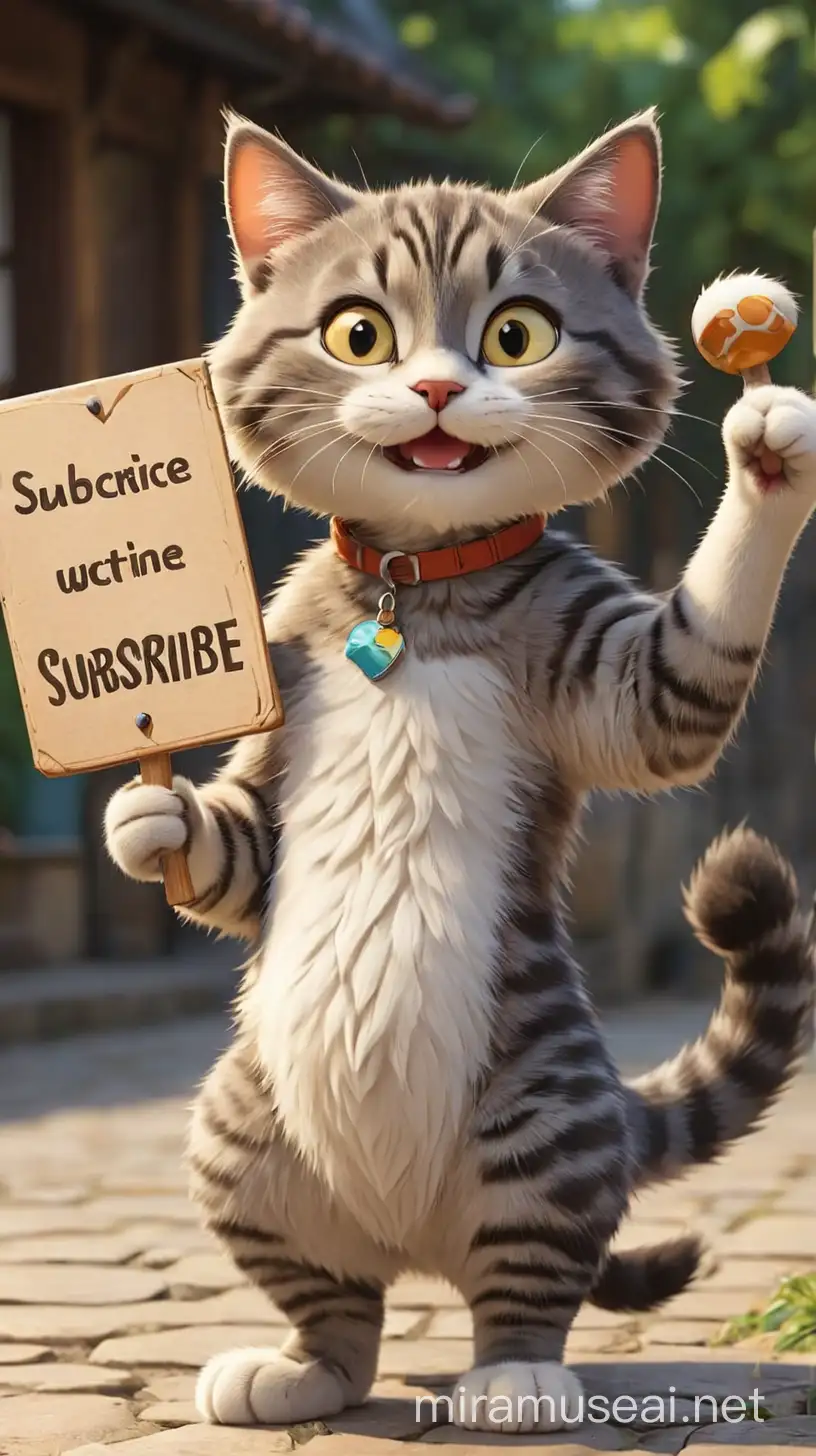 happy cartoon cat holding a signboard in hand with text: subscribe