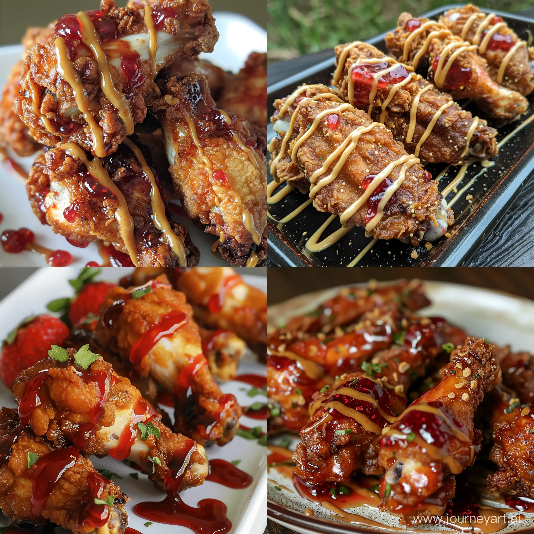 Deep fried chicken wings tossed in a strawberry jelly sauce and drizzled with peanut butter sauce.