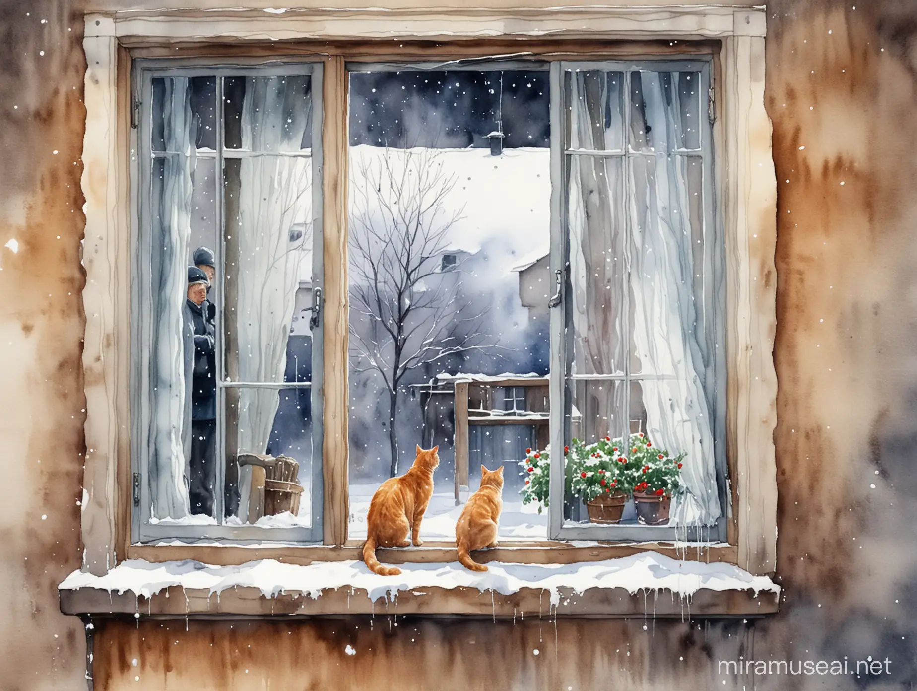 старик и кошка смотрят из окна на улицу, на улице зима, идёт снег, акварельный рисунок