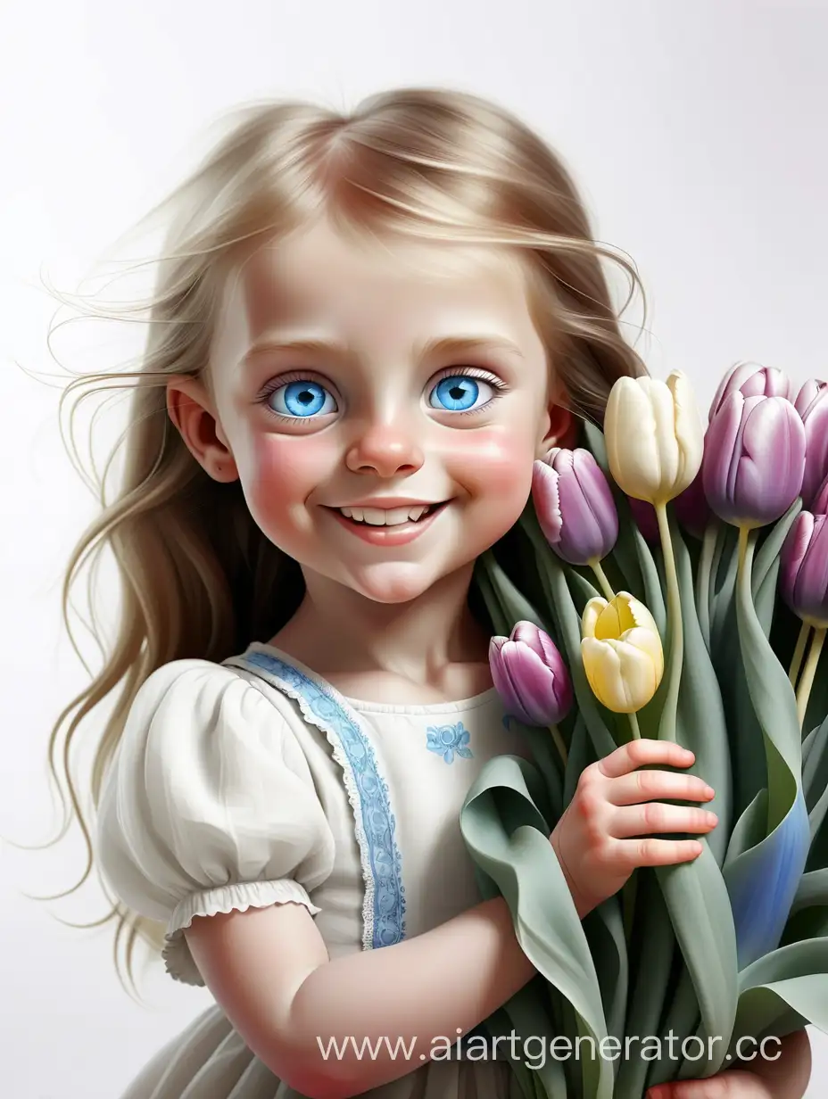 маленькая улыбающаяся девочка с голубыми глазами на белом фоне в полный рост с тюльпанами в руках