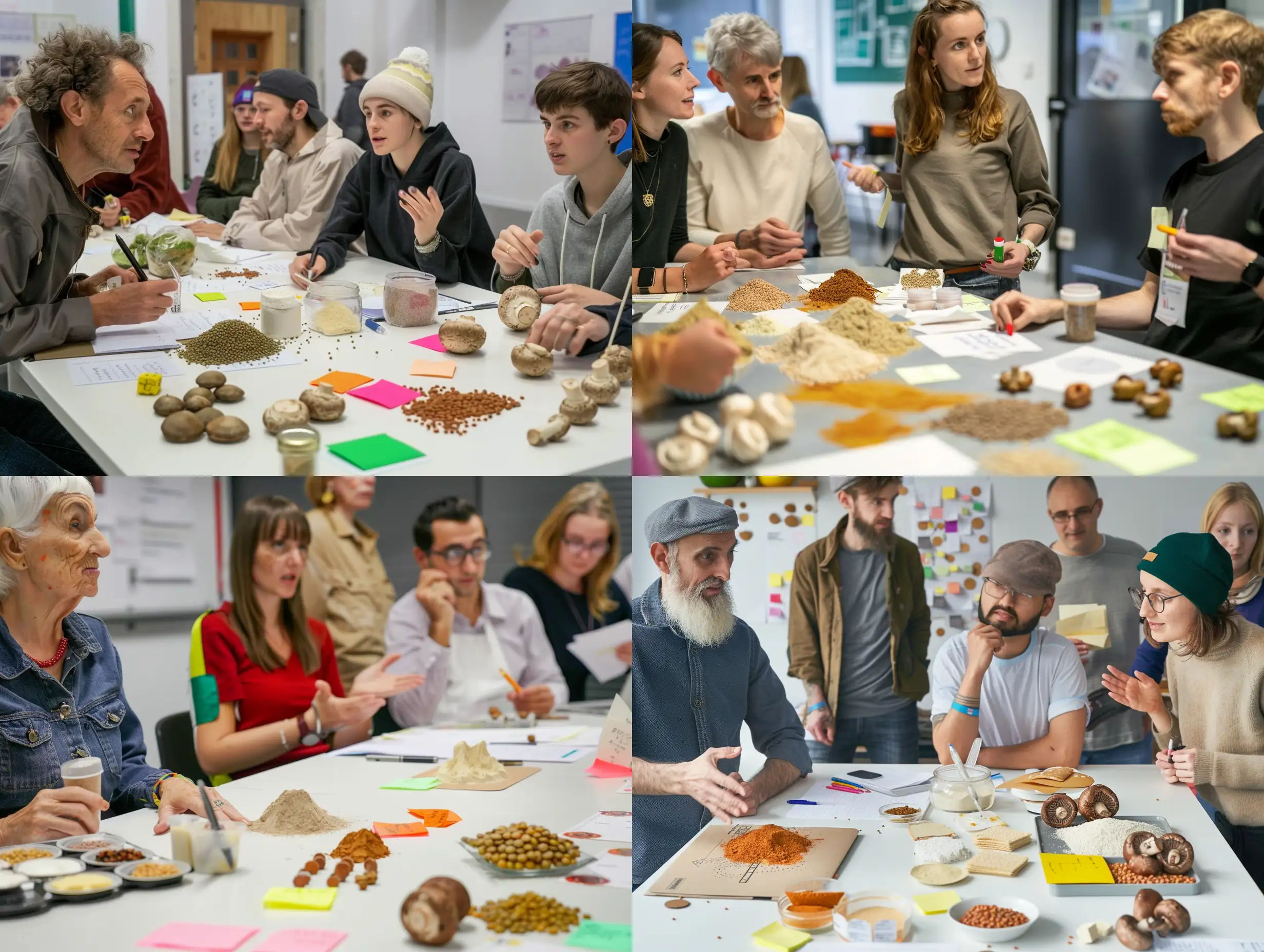 diverse team of young, middle-aged and old people dressed casually working and speaking together in co-working space with a few small portions of food like tofu, lentils, mushrooms, and powder on the table as well as papers post-its and pens
