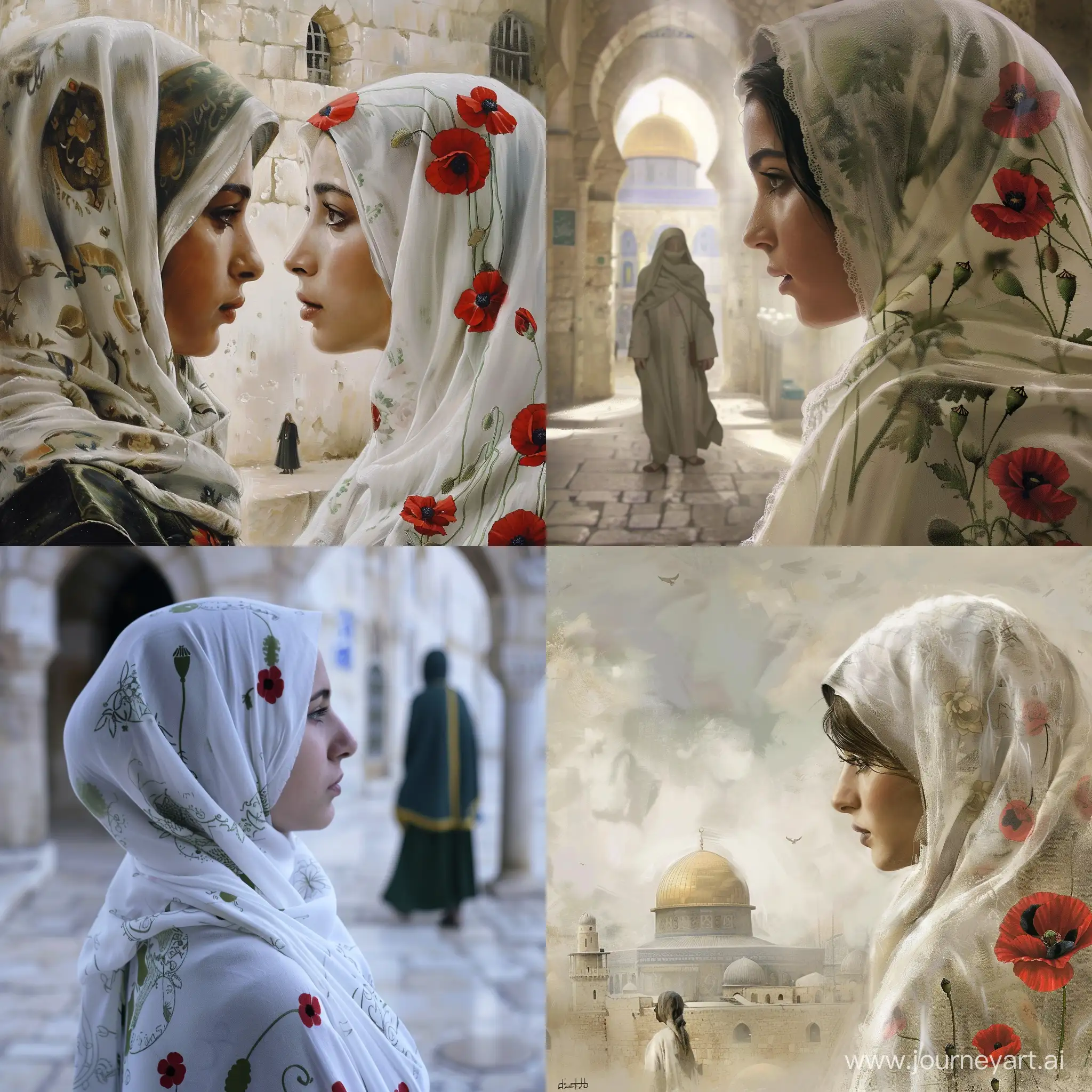 A young innocent muslim woman, wearing a white headscarf with poppy flowers, looks at the last savior standing in Al-Aqsa Mosque.