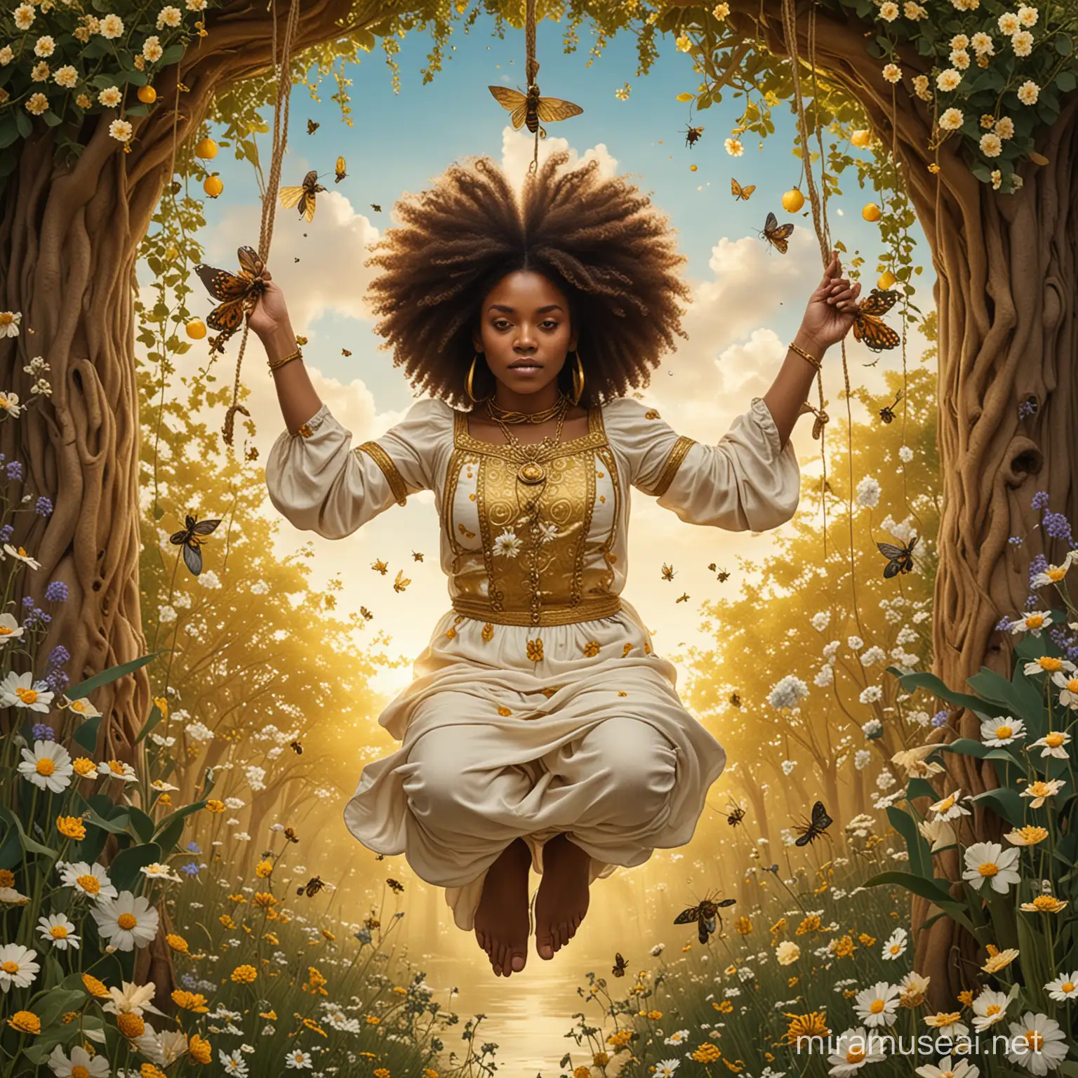 Create a tarot card that represents the hanged man, yet she is an Afro-Indigenous woman hanging upside-down, bound by her left foot. She is suspended by a piece of honeycom, with her arms are crossed behind her back. She has naturally curly hair and is dressed in gold and white with a enchanted garden full of honeybees