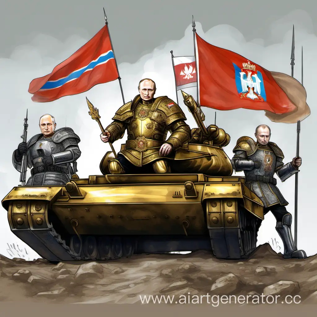 Нарисуй Владимира Путина в стиле Warhammer. По середине нарисуй Путина на троне в золотых доспехах, справа от него нарисуй Пригожина Евгения на танке, слева нарисуй Суровикина на танке. На фоне нарисуй флаг России