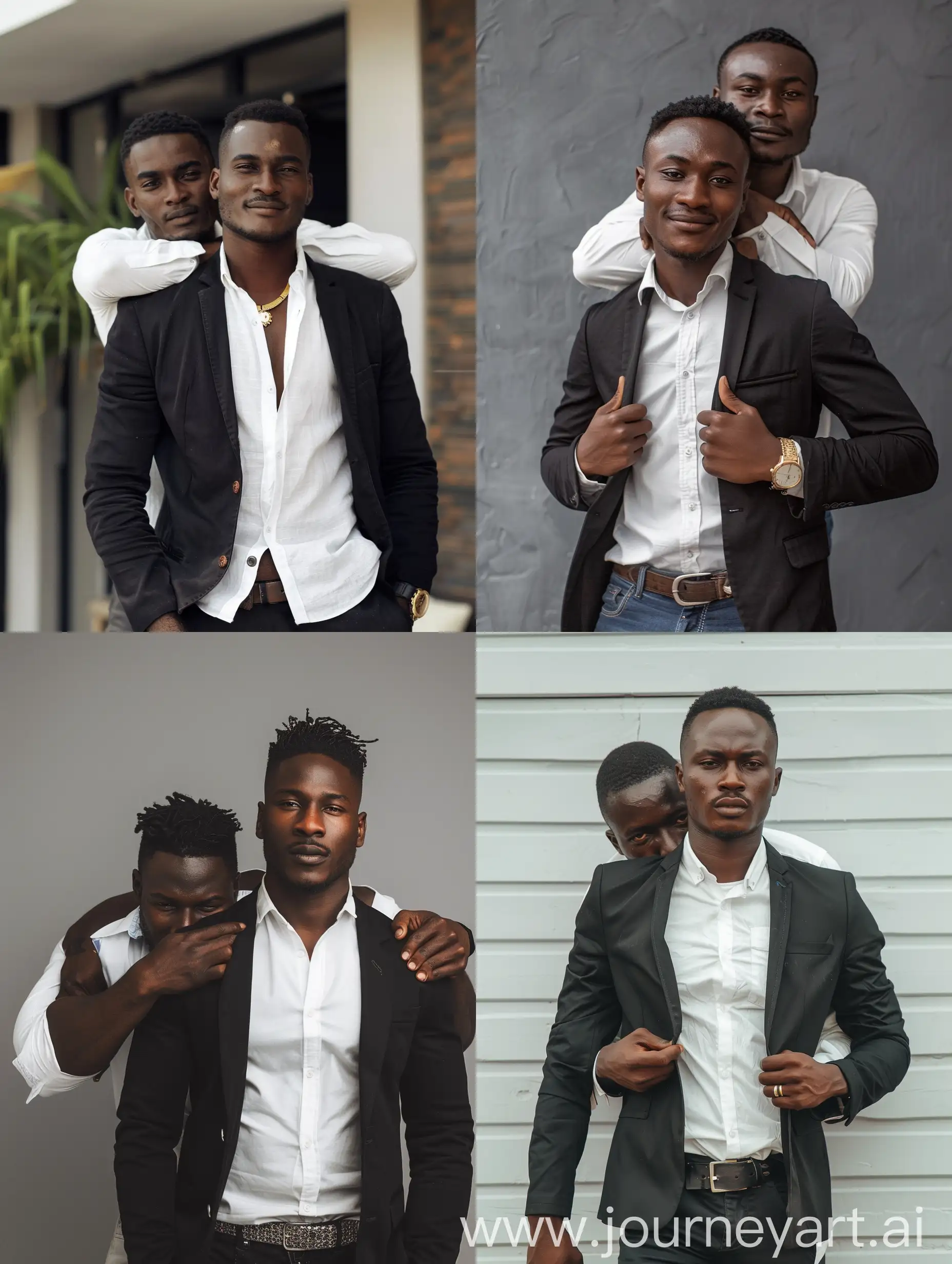 African man in a black blazer and white shirt holding his friend over his shoulder 