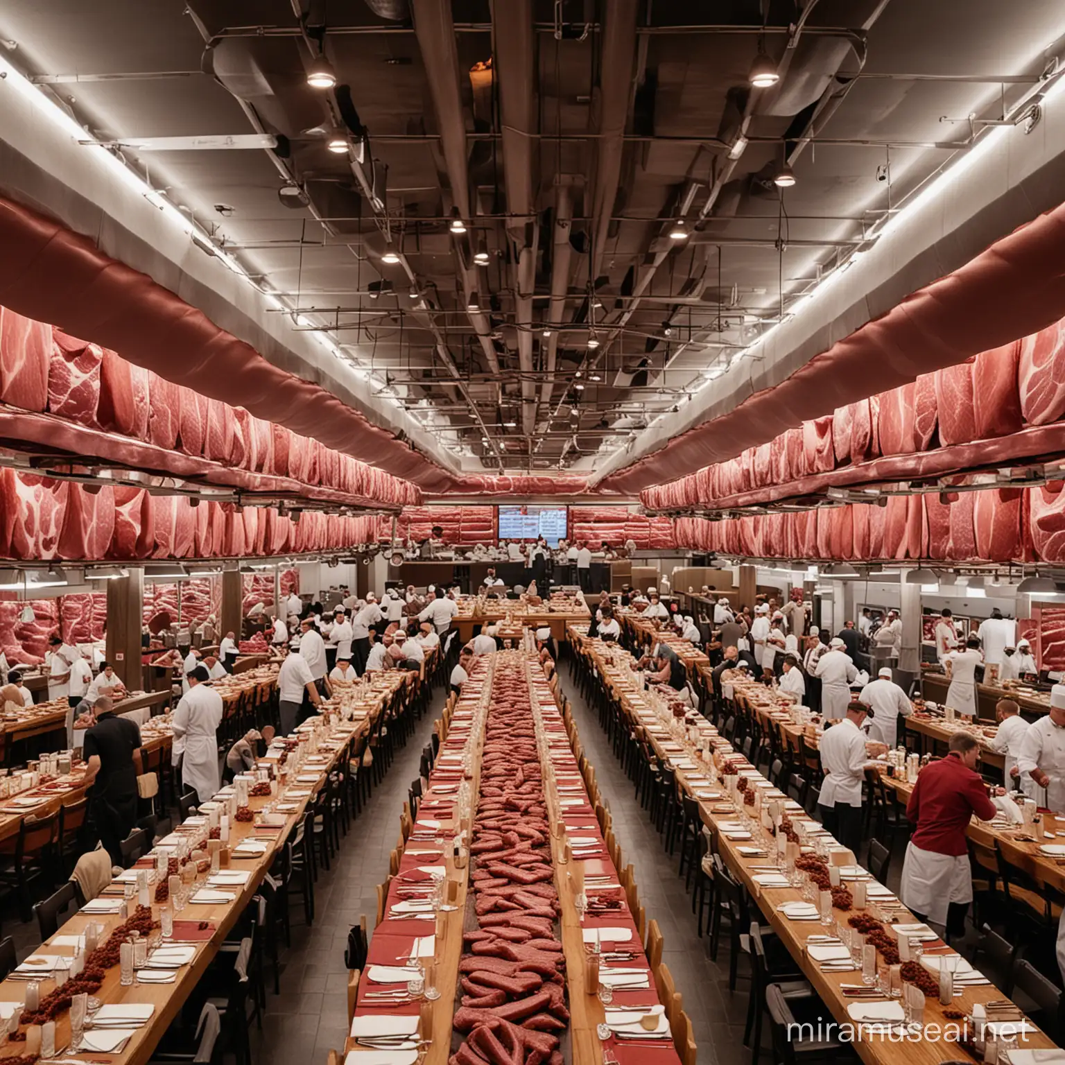 A very big restaurant with many cooks and cutting meat and big meat on the big table in the middle of the restaurant 