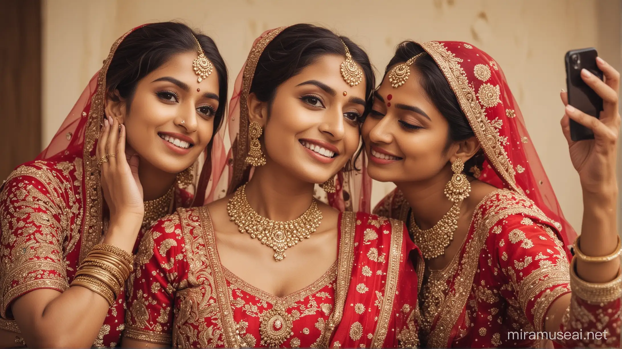 Photo of two Indian brides taking a selfie on a mobile phone
