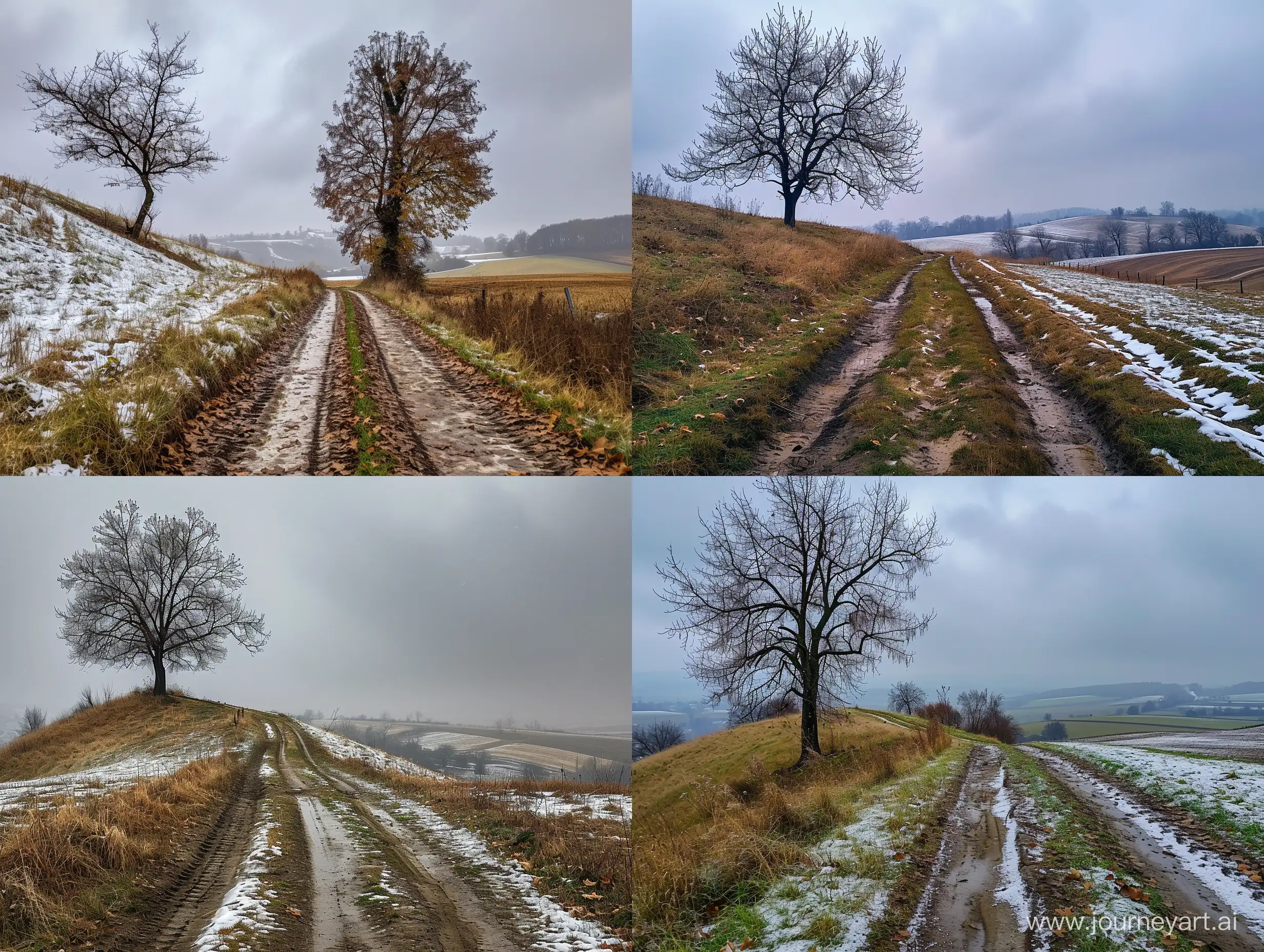 Реалистичное фото природы, поздняя осень, пасмурно, слева на холме дерево без листьев, позëмка, справа деревенская раскисшей дорога, колея, вдалеке поле, частично покрыто снегом