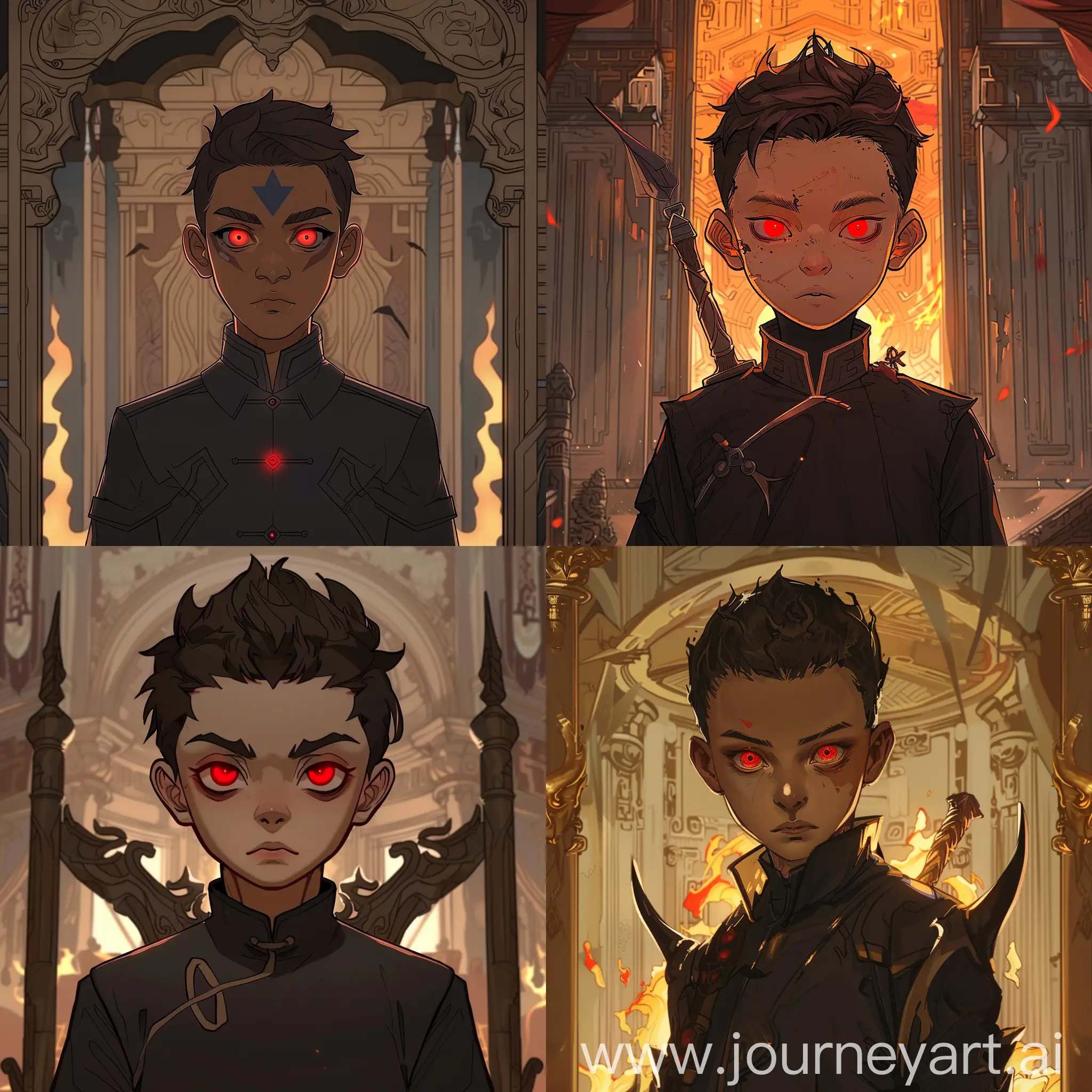 Kai Wu is a 14 year old boy standing at 5’8 with red eyes and medium black hair reaching down to his neck. He has light caramel skin and usually wears a black common outfit with a dagger at his side.  Currently, he is being exiled by Fire Lord Ozai in his throne room. Wide Frame. Avatar The Last Airbender art style. 
