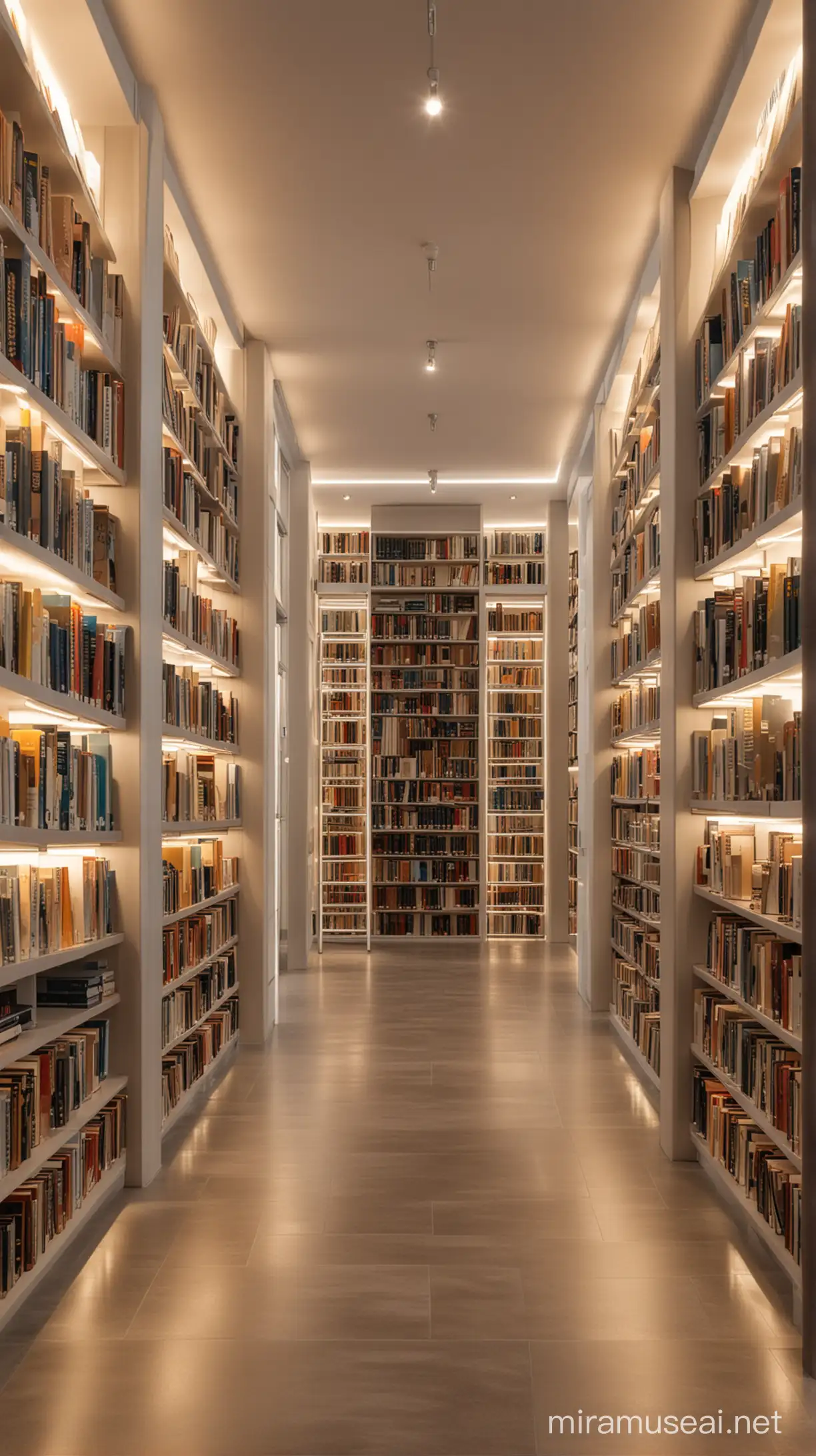 biblioteca moderna, iluminada, tonos claros, toma frontal de los pasillos y libreros