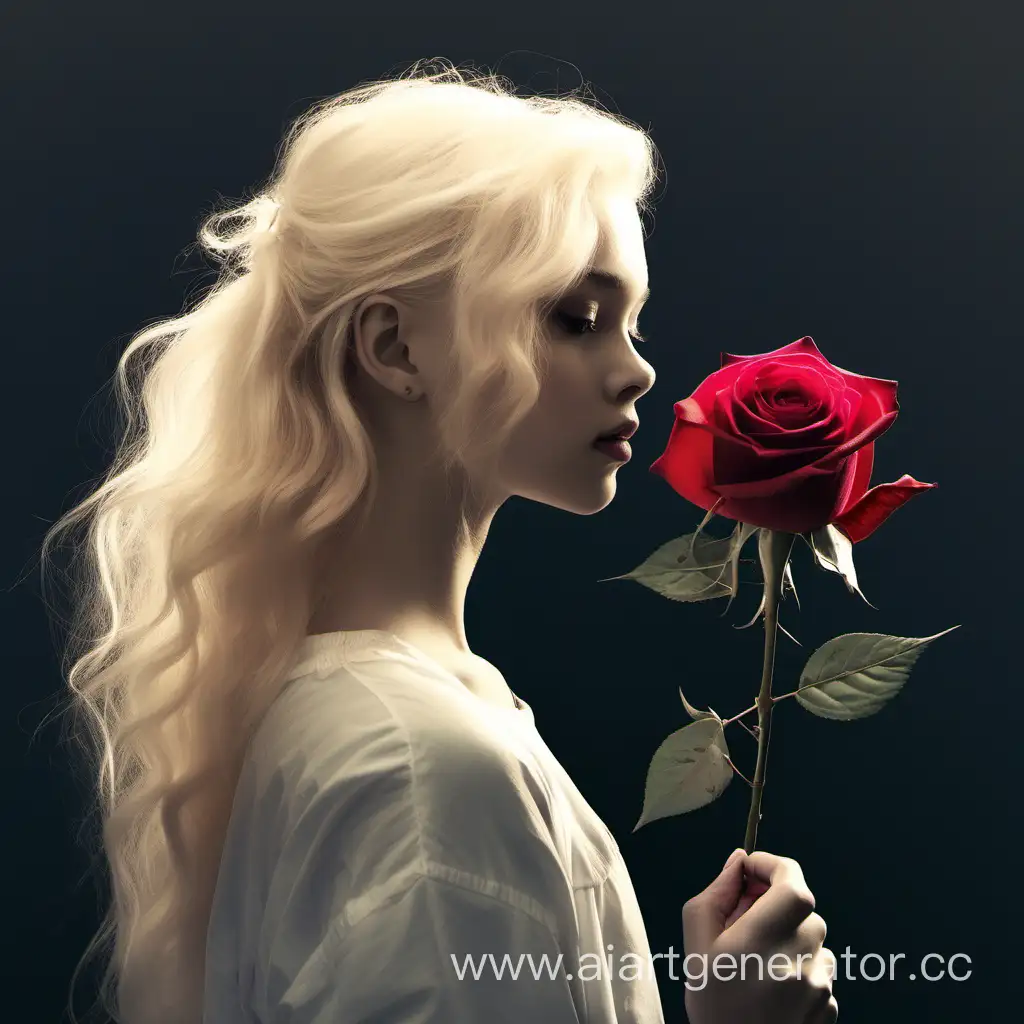 девушка со светлыми волосами, глаза не
 видно из-за волос, стоит в профиль и держит розу в руке