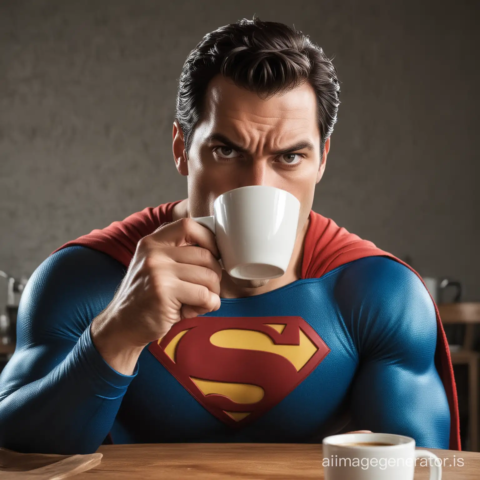 superman drinking coffee,looking at the viewer,angry 