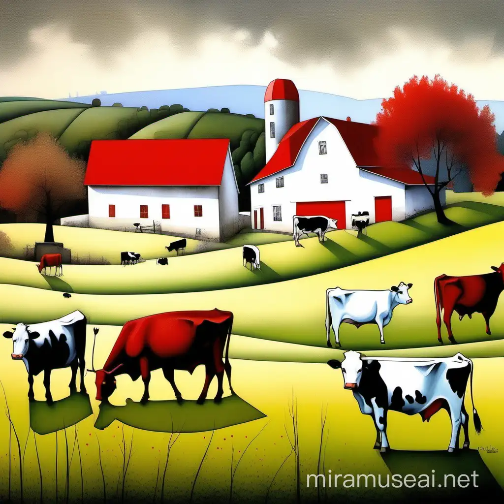 Pale colors gently drawn farm scene with red barn, cows, trees. In style of Didier Lourenço, Edward Hopper, and Thomas Wells Schaller. 
Elegant fantasy intricate very attractive fantastic view ultra detailed crisp quality very cute acrylic art naive art Didier Lourenço lithography