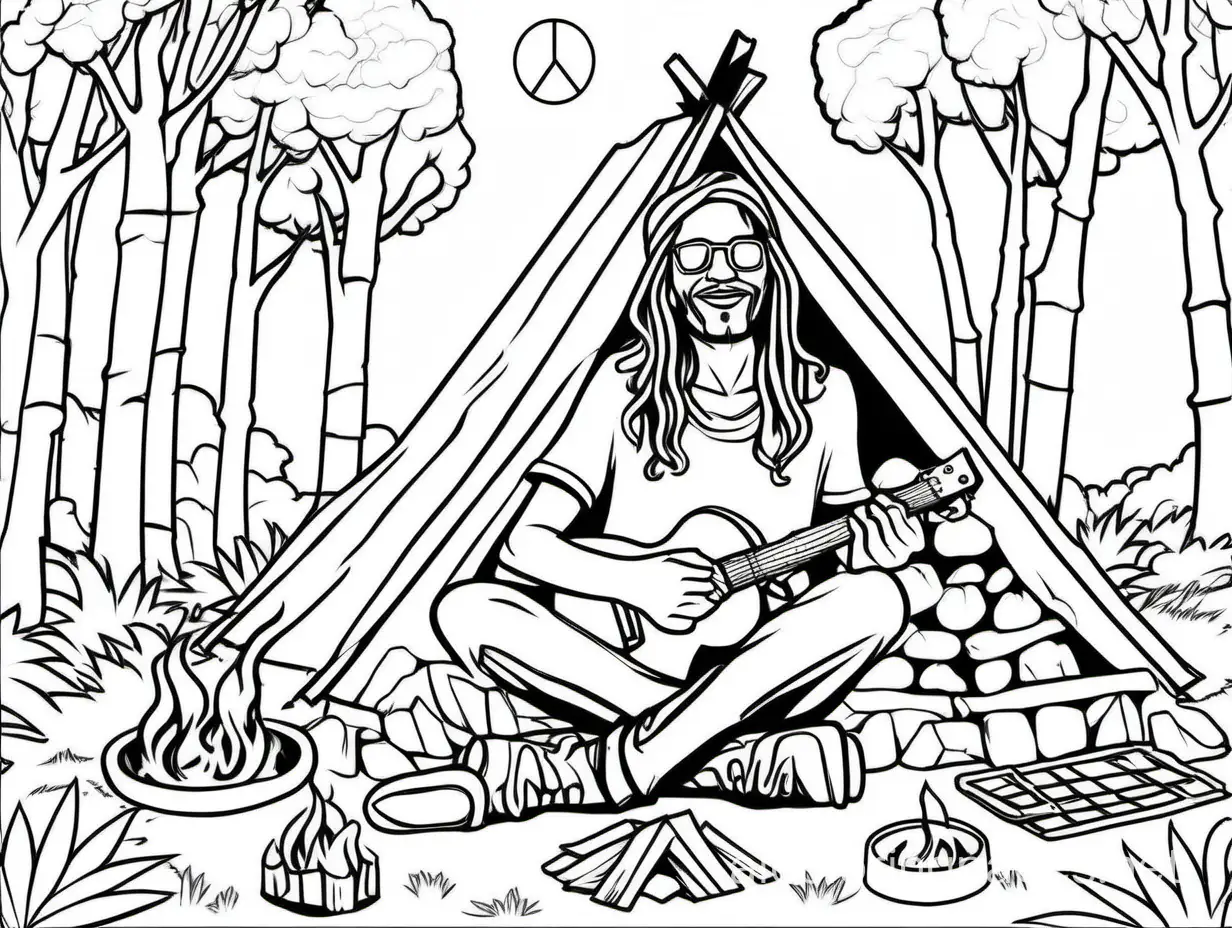 Coloring page of a hippy guy sitting cross-legged on the ground by a campfire giving the peace sign, Coloring Page, black and white, line art, white background, Simplicity, Ample White Space. The background of the coloring page is plain white to make it easy for young children to color within the lines. The outlines of all the subjects are easy to distinguish, making it simple for kids to color without too much difficulty