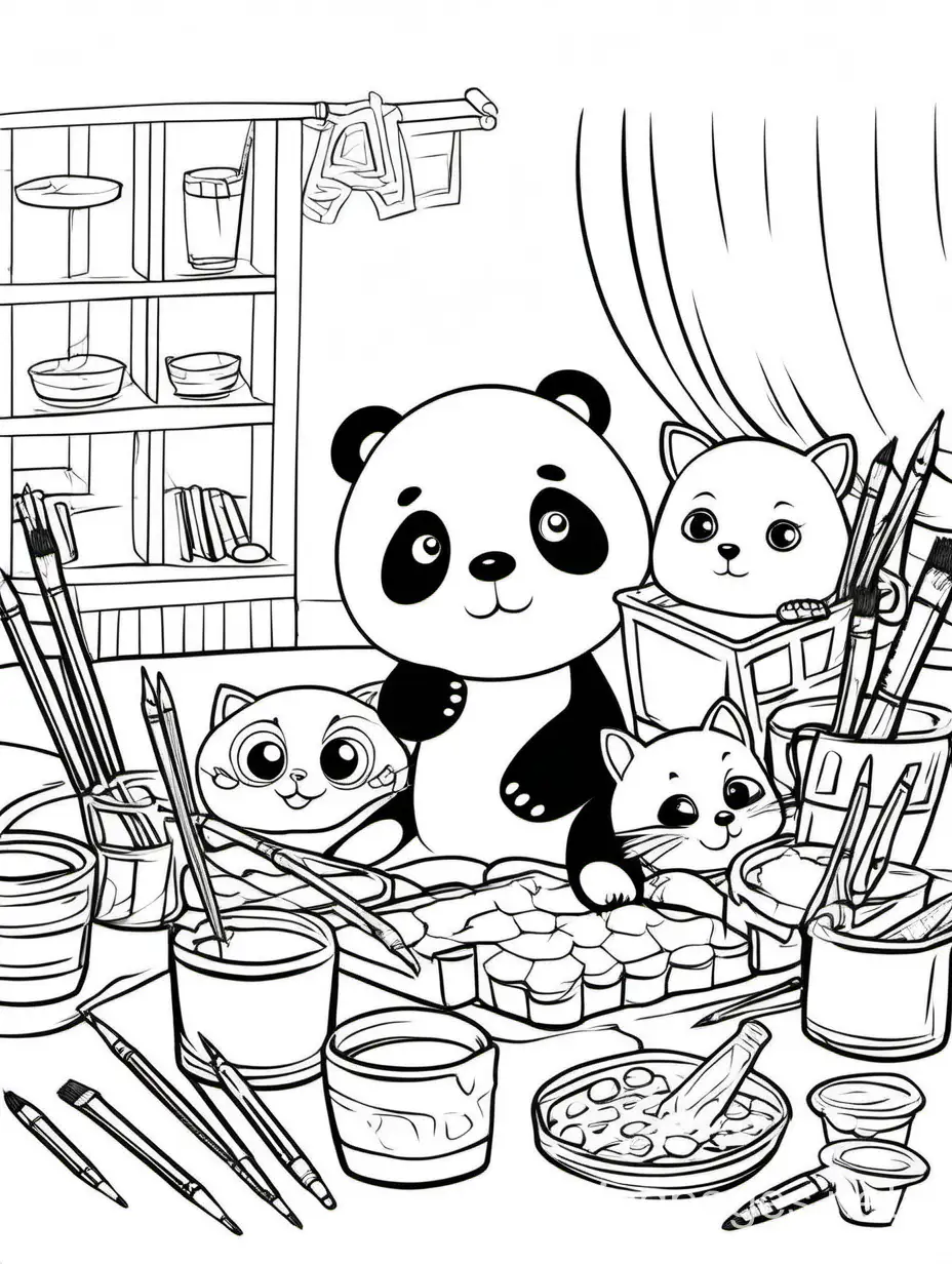 Cute panda bear having a painting party with cat and dog P, Coloring Page, black and white, line art, white background, Simplicity, Ample White Space. The background of the coloring page is plain white to make it easy for young children to color within the lines. The outlines of all the subjects are easy to distinguish, making it simple for kids to color without too much difficulty