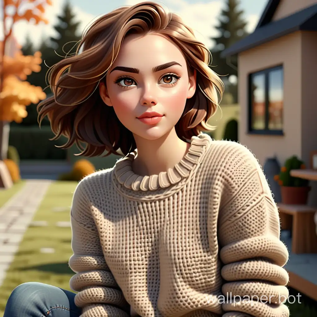 modern digital illustration. An image of a young charming woman with fair skin and natural makeup, with well-defined eyebrows and neutral lips. Her brown hair is textured and highlighted with subtle highlights. She is wearing a chunky knit sweater and jeans. She casually poses outdoors in full body.