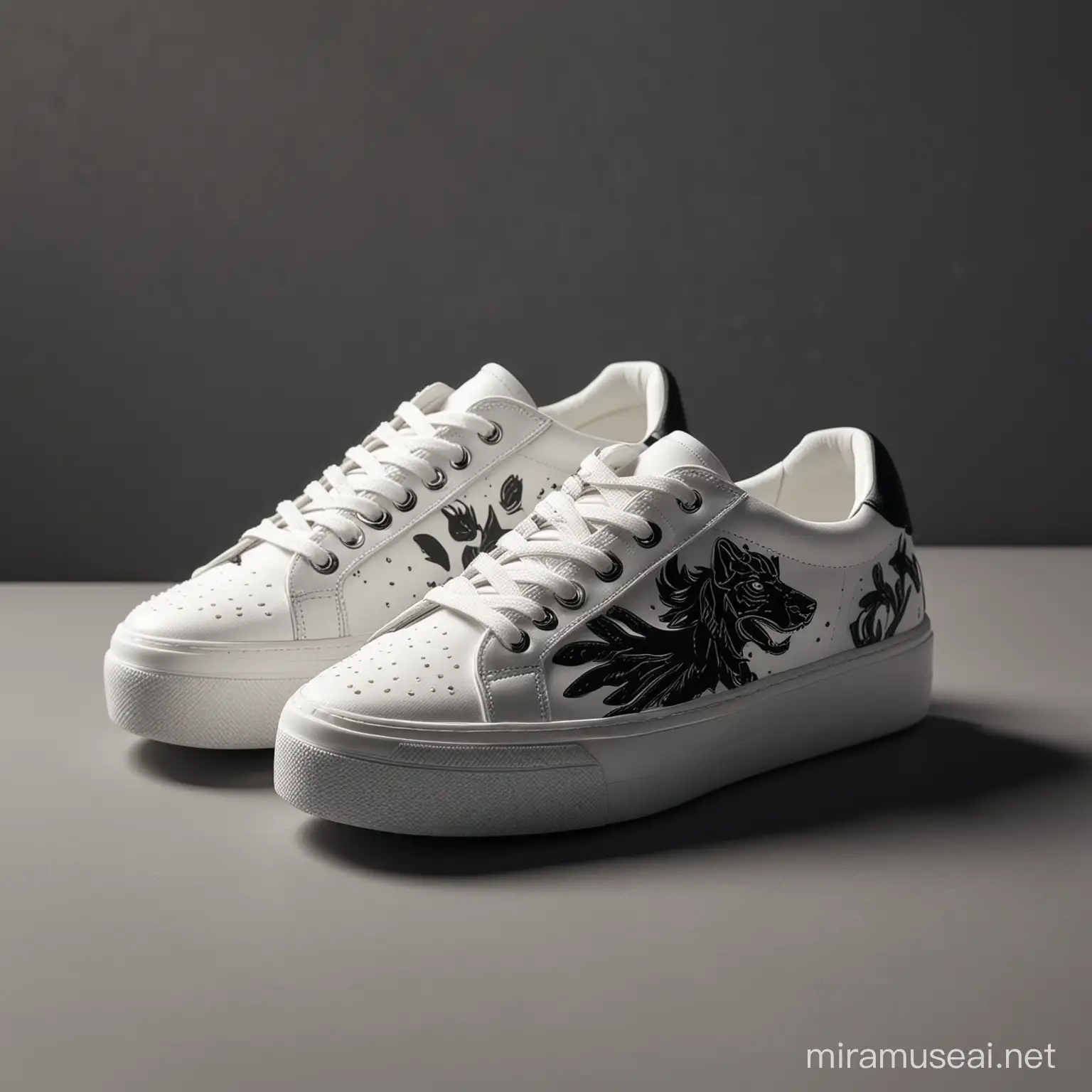 White sneakers with black animal designs. The sneakers are on a table. Cinematic lighting, hyperealistic product design photography.