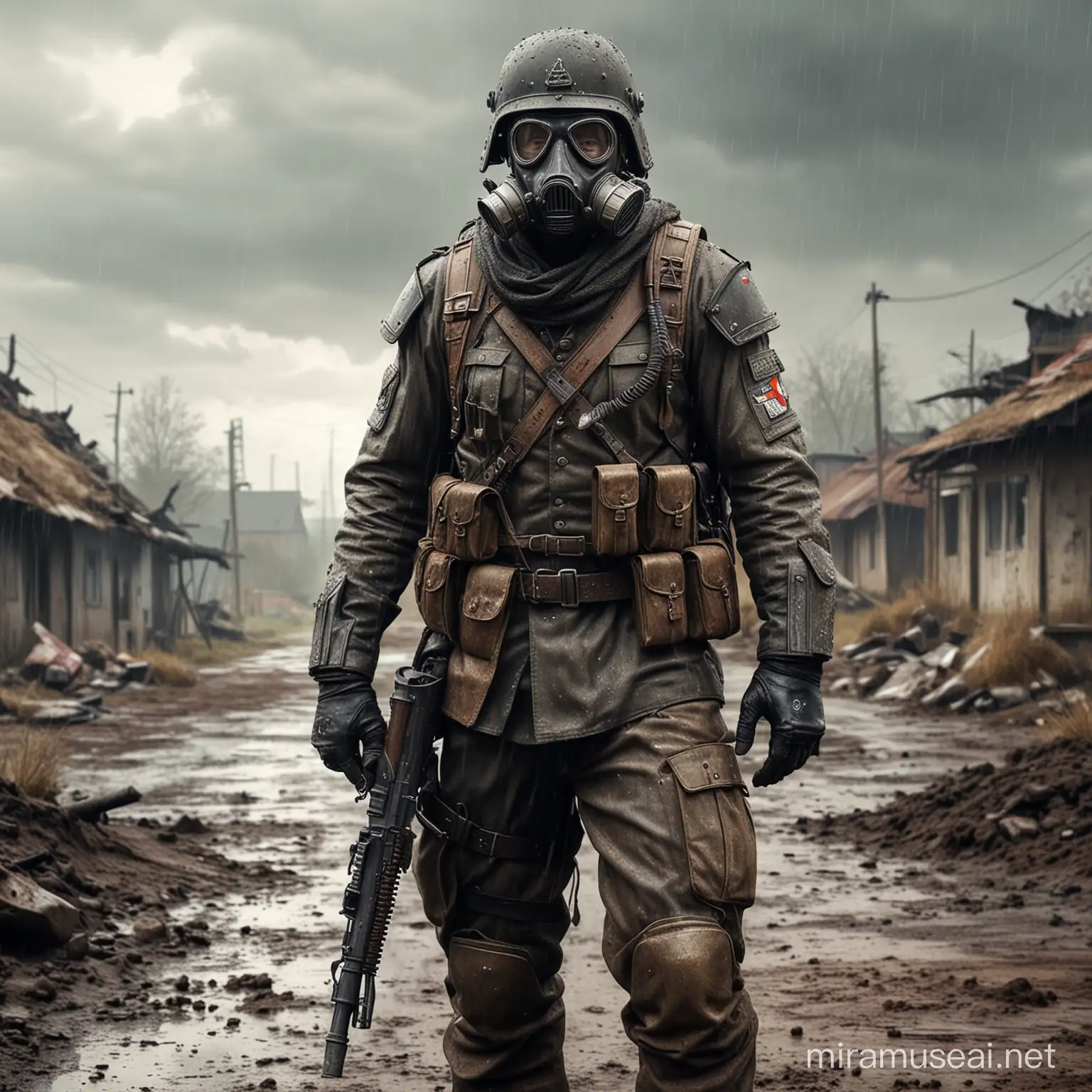 Germany soldier in post post apocalyptic world.Rainy weather,ground is mud.He has armor,helmet with gas mask and gun.Realistic,detailed  