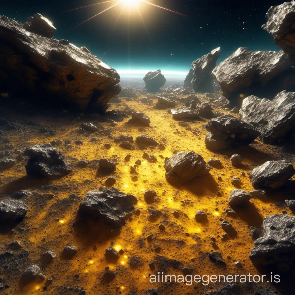 The rocky surface of the planet in the rays of a dying star, the glare on the rocks are rare, yellowish small bushes of extraterrestrial vegetation
