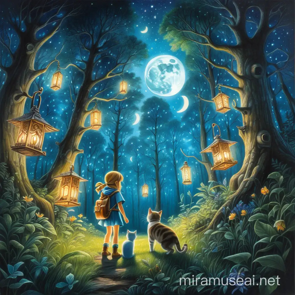 Enchanted Forest Adventure Little Girl Cat and Dog Amidst Fireflies and Elves