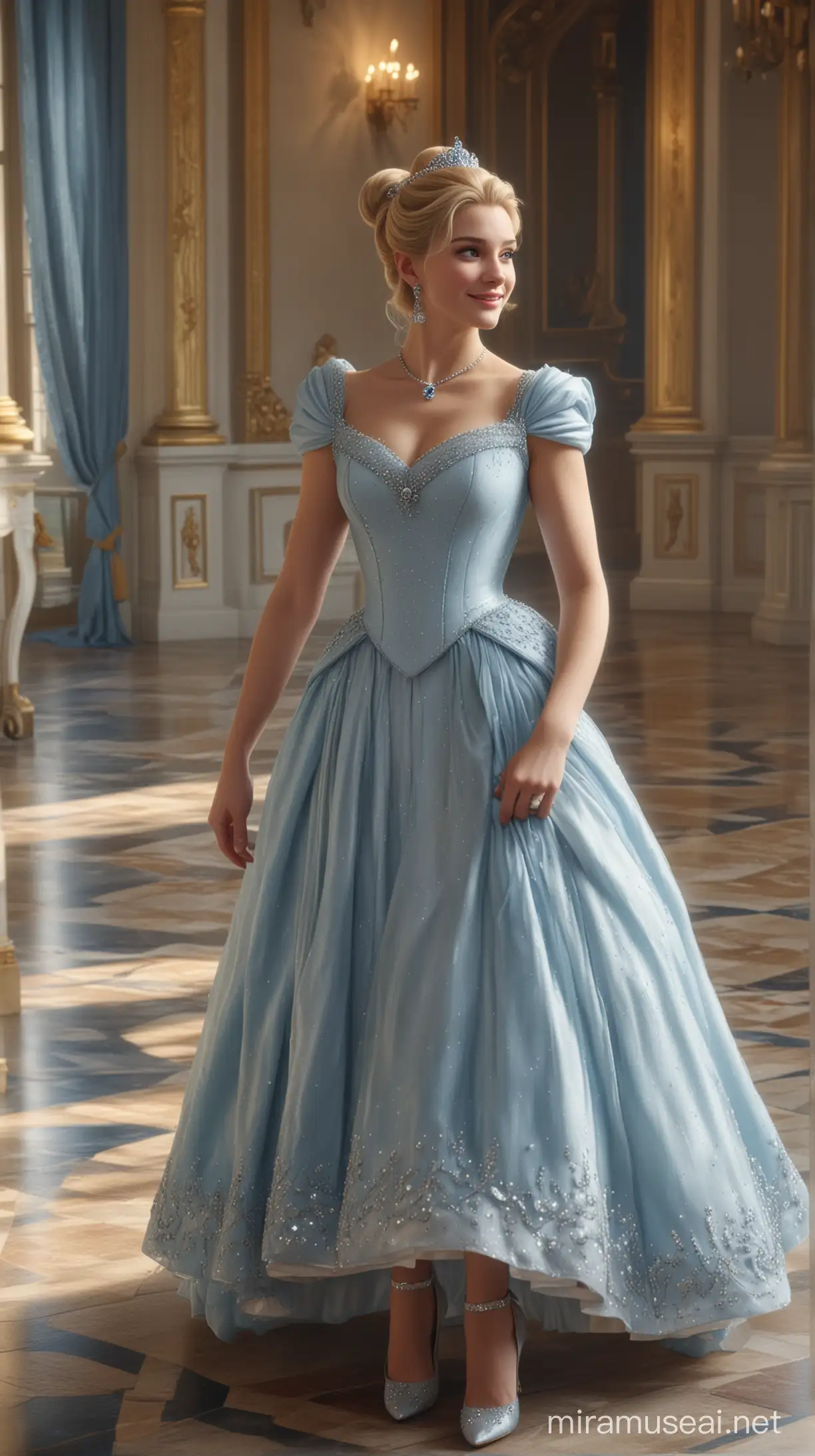 Seen from the front is a beautiful Cinderella with blonde hair in a bun, wearing earrings and a diamond necklace with a realistic face smiling gently, wearing a long, short-sleeved blue and white dress. Inside the palace, a handsome prince came and knelt down to put clear glass heels on Cinderella's feet.ultra hd.hyperrealistic.cinematic