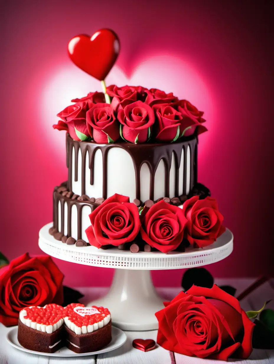 beautiful vibrant colors Valentine's Day image with cake, chocolates and red roses


