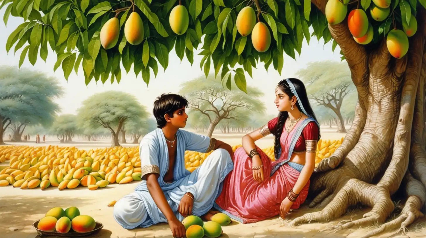 teenager boy in dhoti and girl is in rajastani out fit are sitting under big mango tree in a mango garden india 4th century