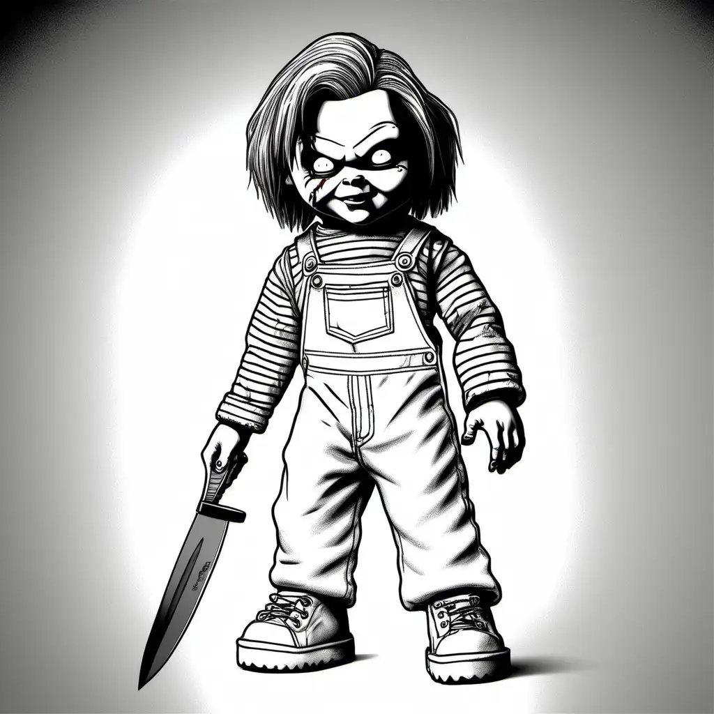 Monochrome Chucky Doll and Andy in White Attire with Knife