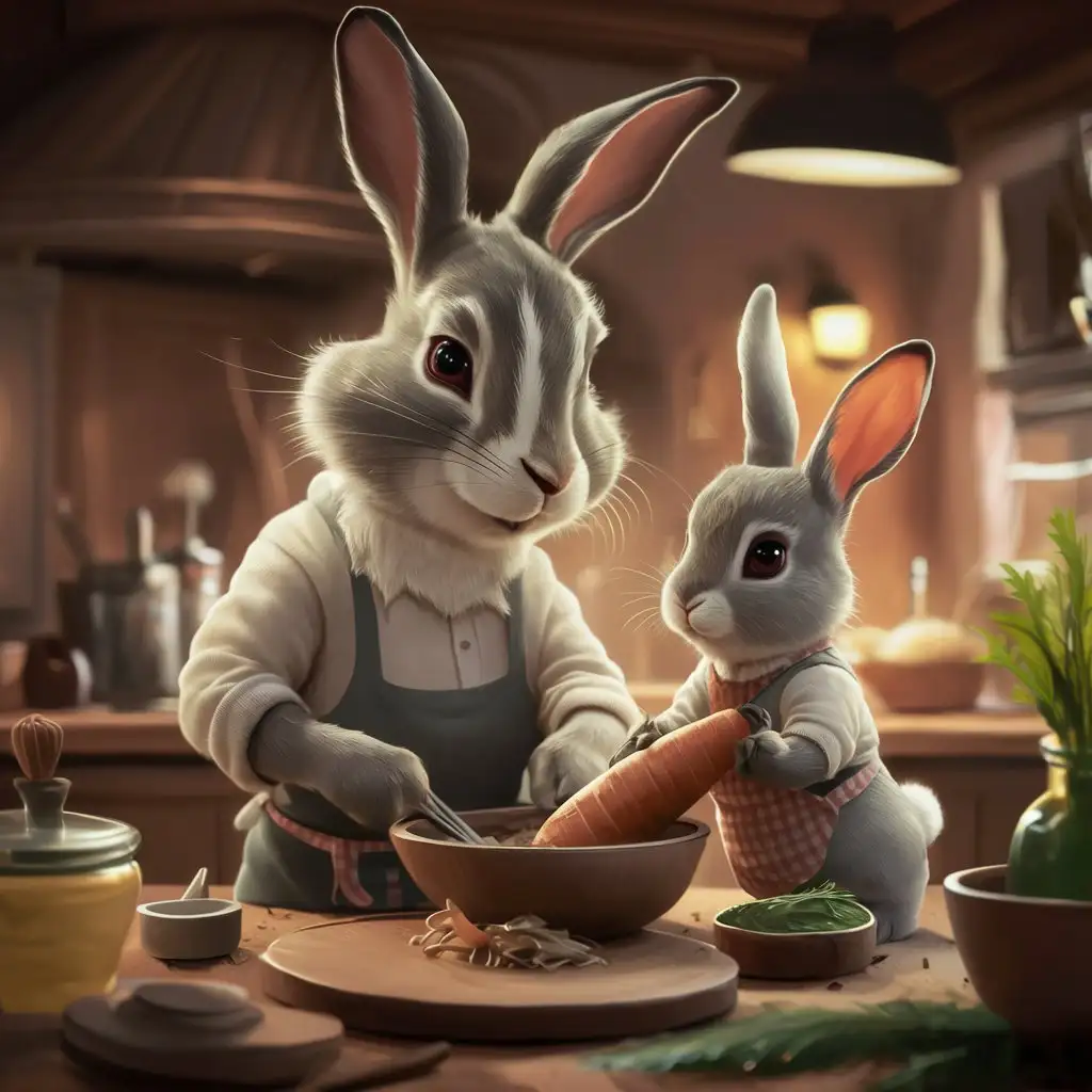 Two (((rabbits))), one with a prominent (((white stripe))) running down its chin and slightly larger than the other with (((drooping and erect ears))), preparing a meal together in a (kitchen)