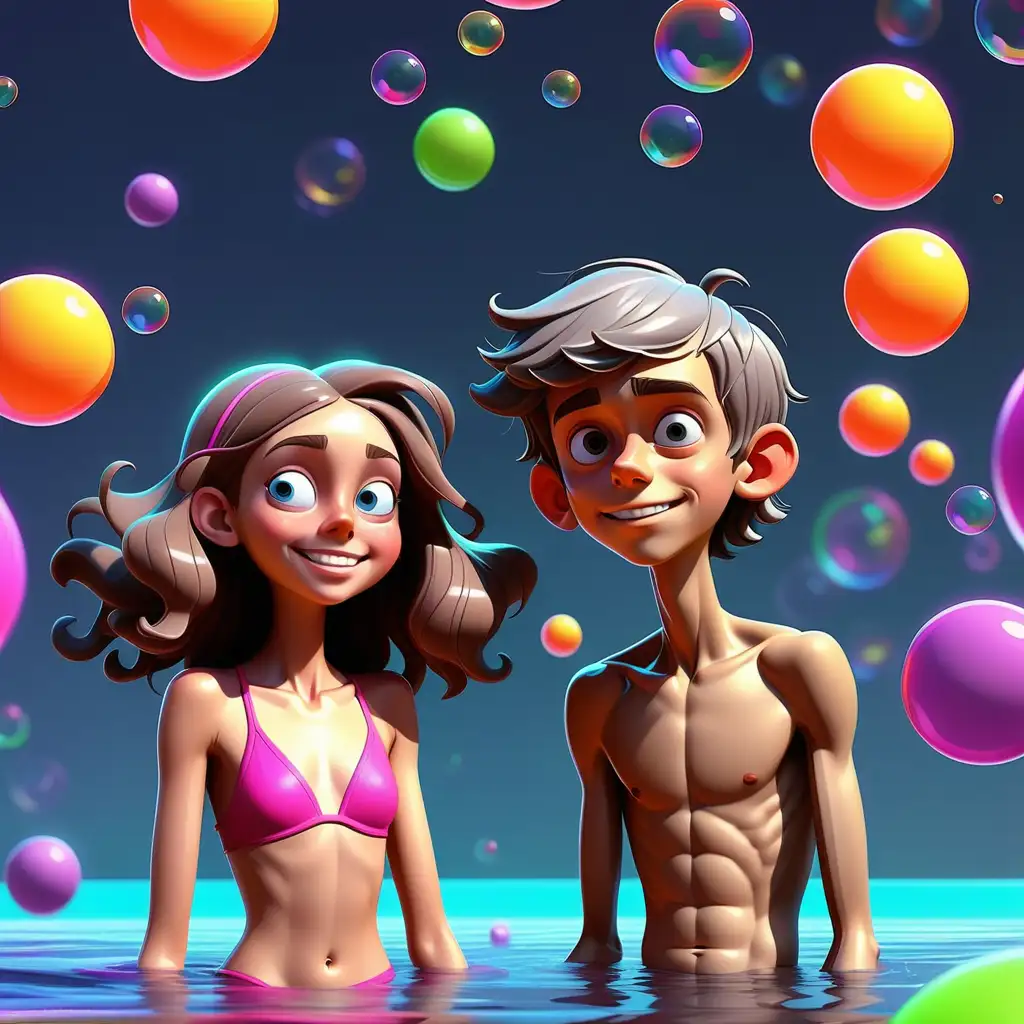vibrant fantasy 3d cartoon of a teen couple, tall and thin young boy with gray hair, shorter girl with long brown hair, they are swimming in water in big swimming pool, colorful neon bubbles floating, funny, happy, crazy , neon colors in space 