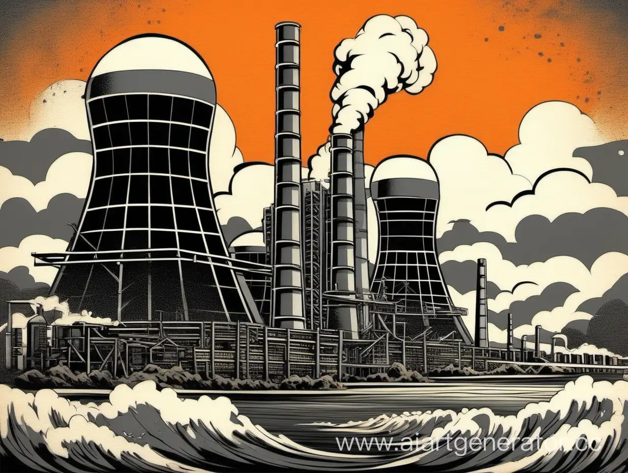 Атомная электростанция в стиле японских картин, цвета черный, белый, серый, оранжевый